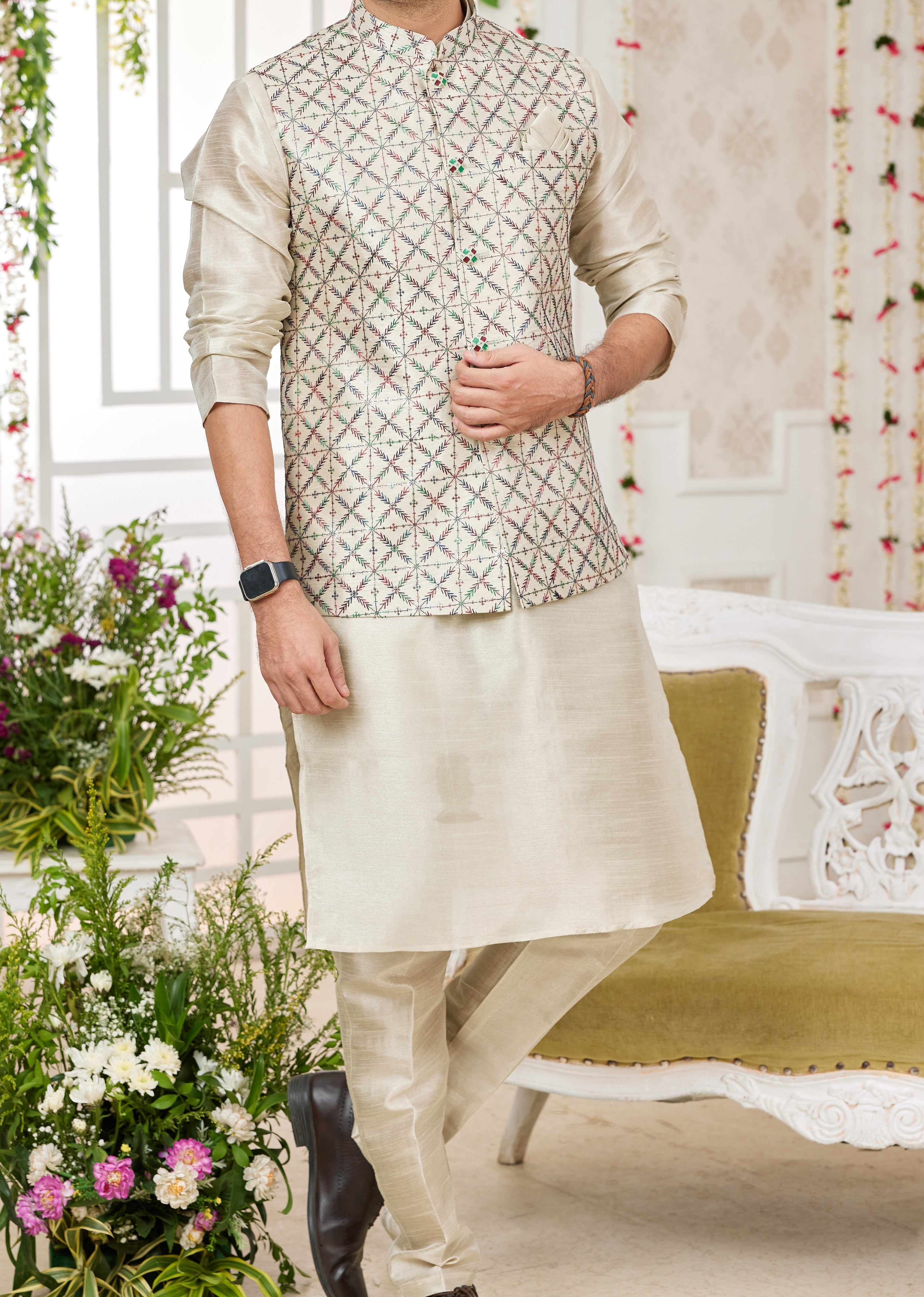 Gold Kurta & Vest Set - Made - on - order - Touch Of Elegance