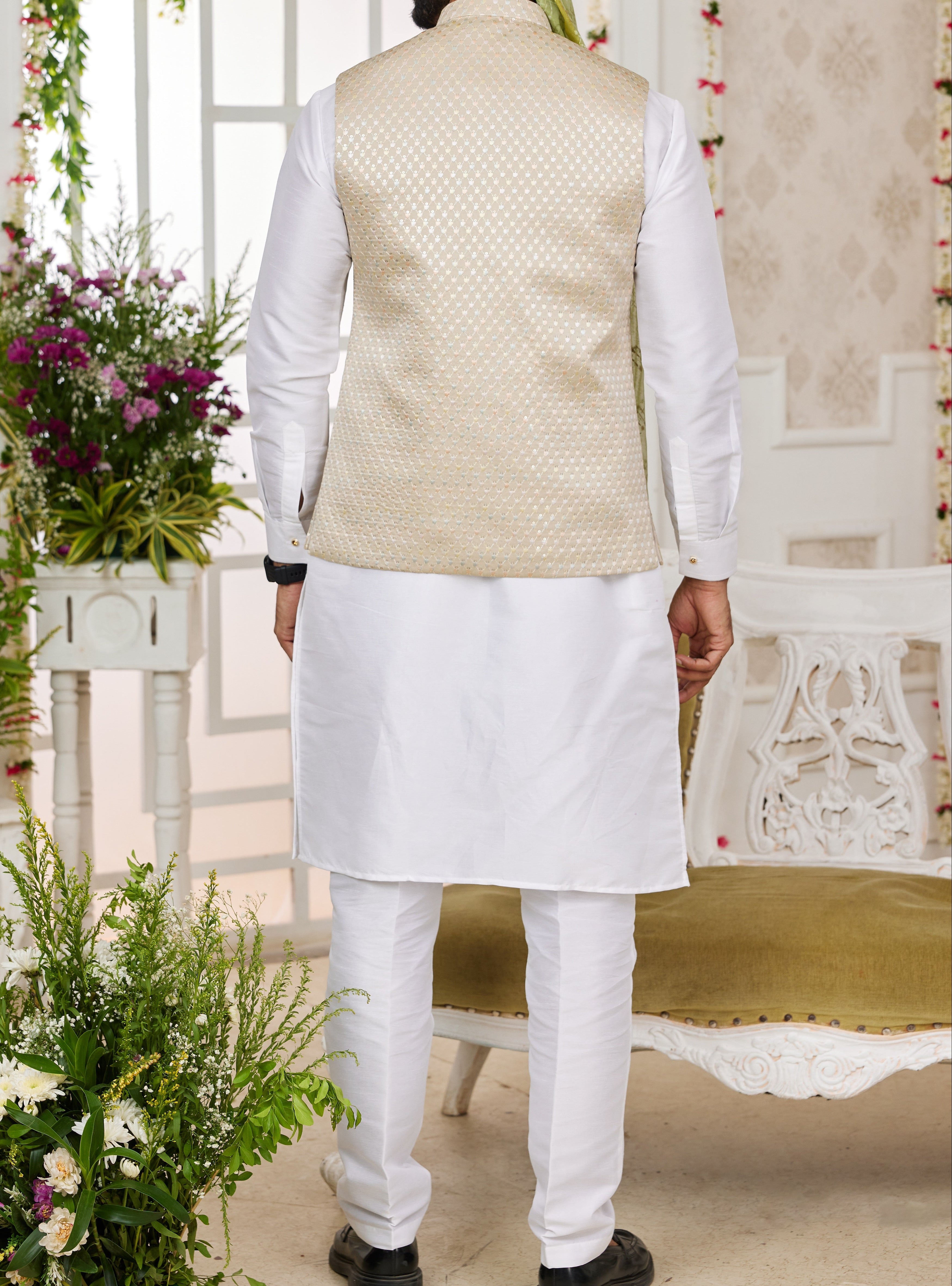 Gold & White Kurta Vest Set - Made - on - order - Touch Of Elegance