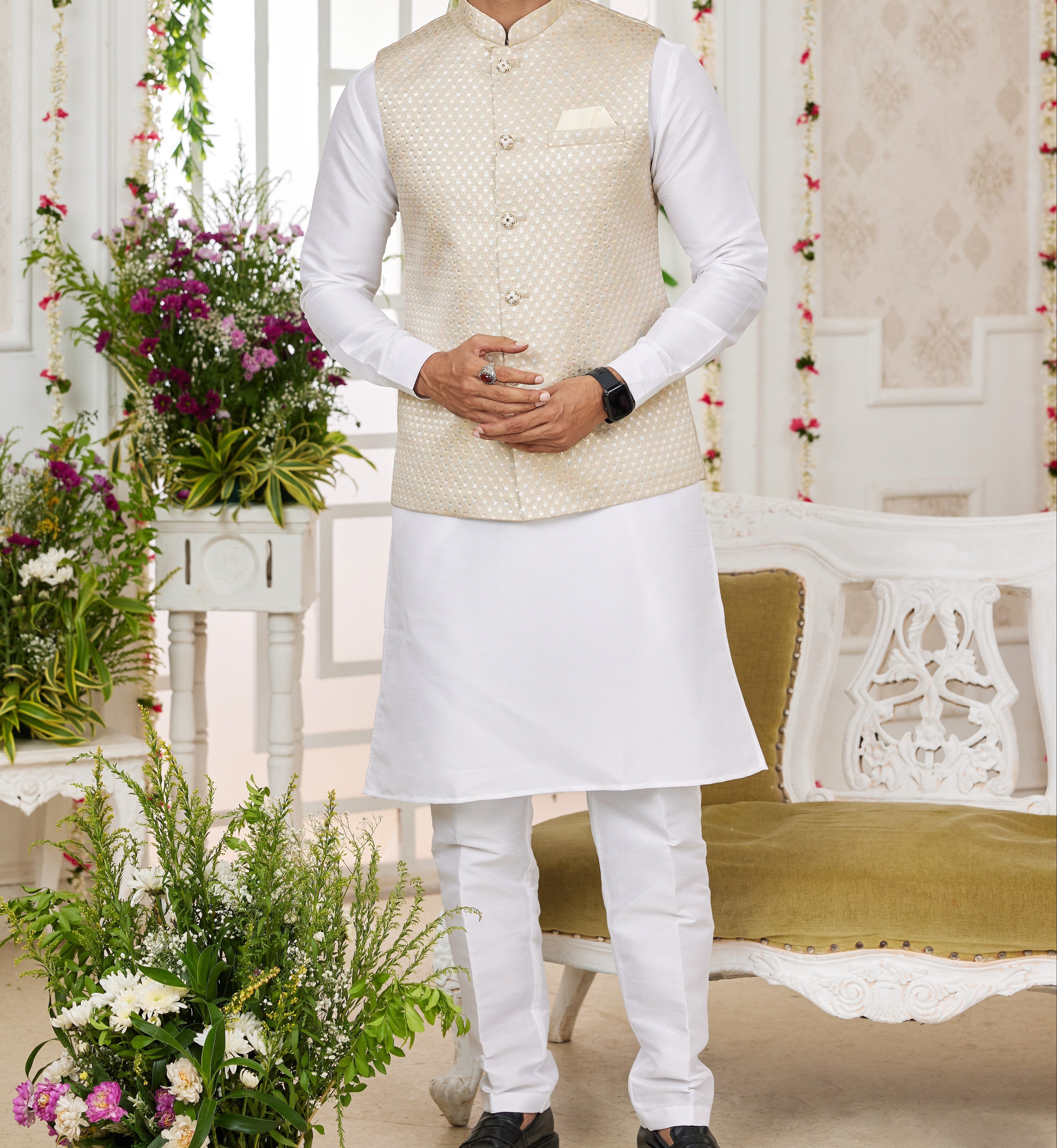 Gold & White Kurta Vest Set - Made - on - order - Touch Of Elegance