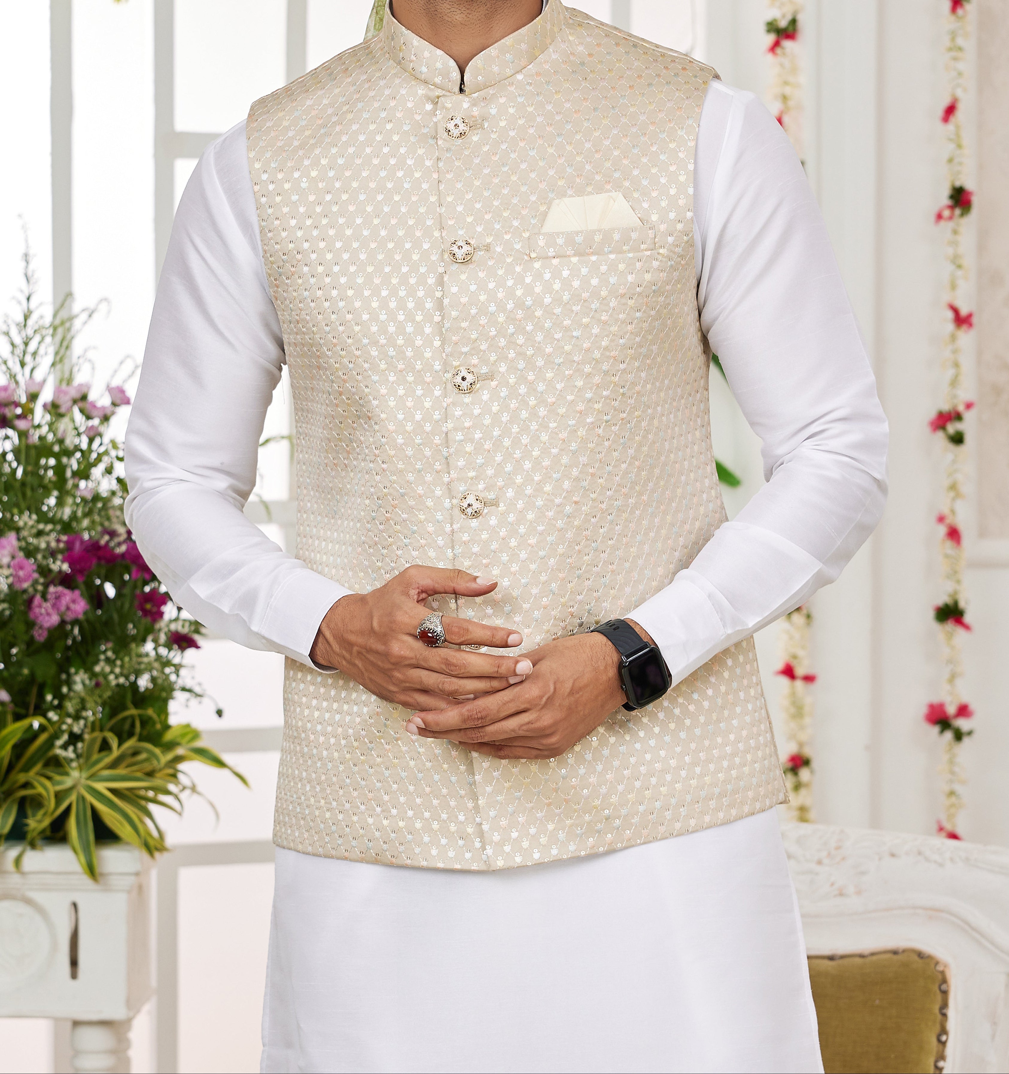 Gold & White Kurta Vest Set - Made - on - order - Touch Of Elegance