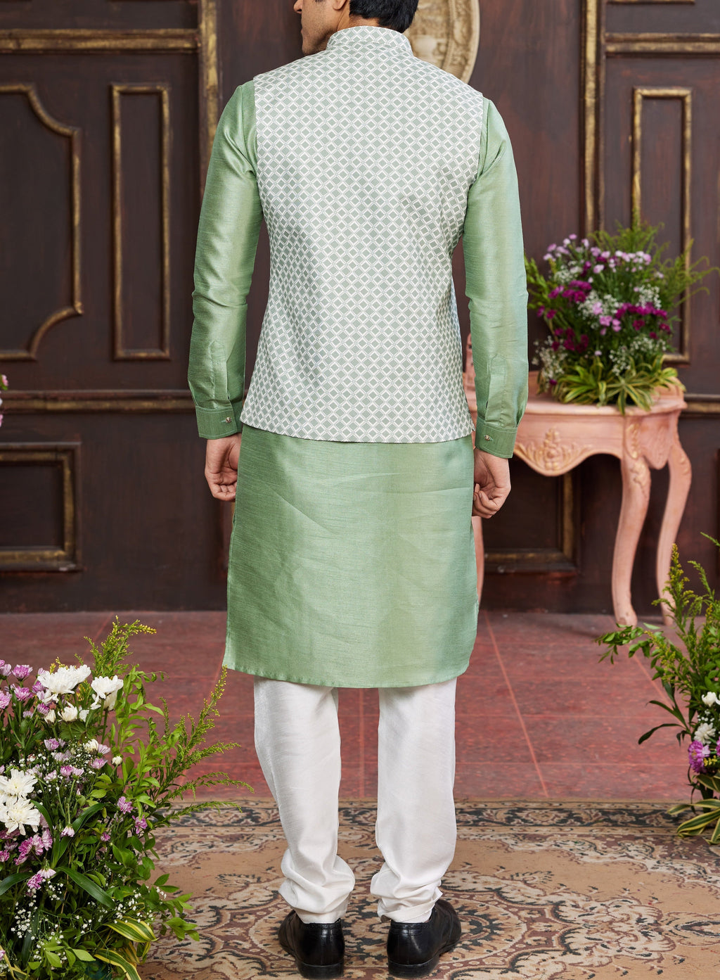 Green Kurta & Vest Set - Made - on - order - Touch Of Elegance