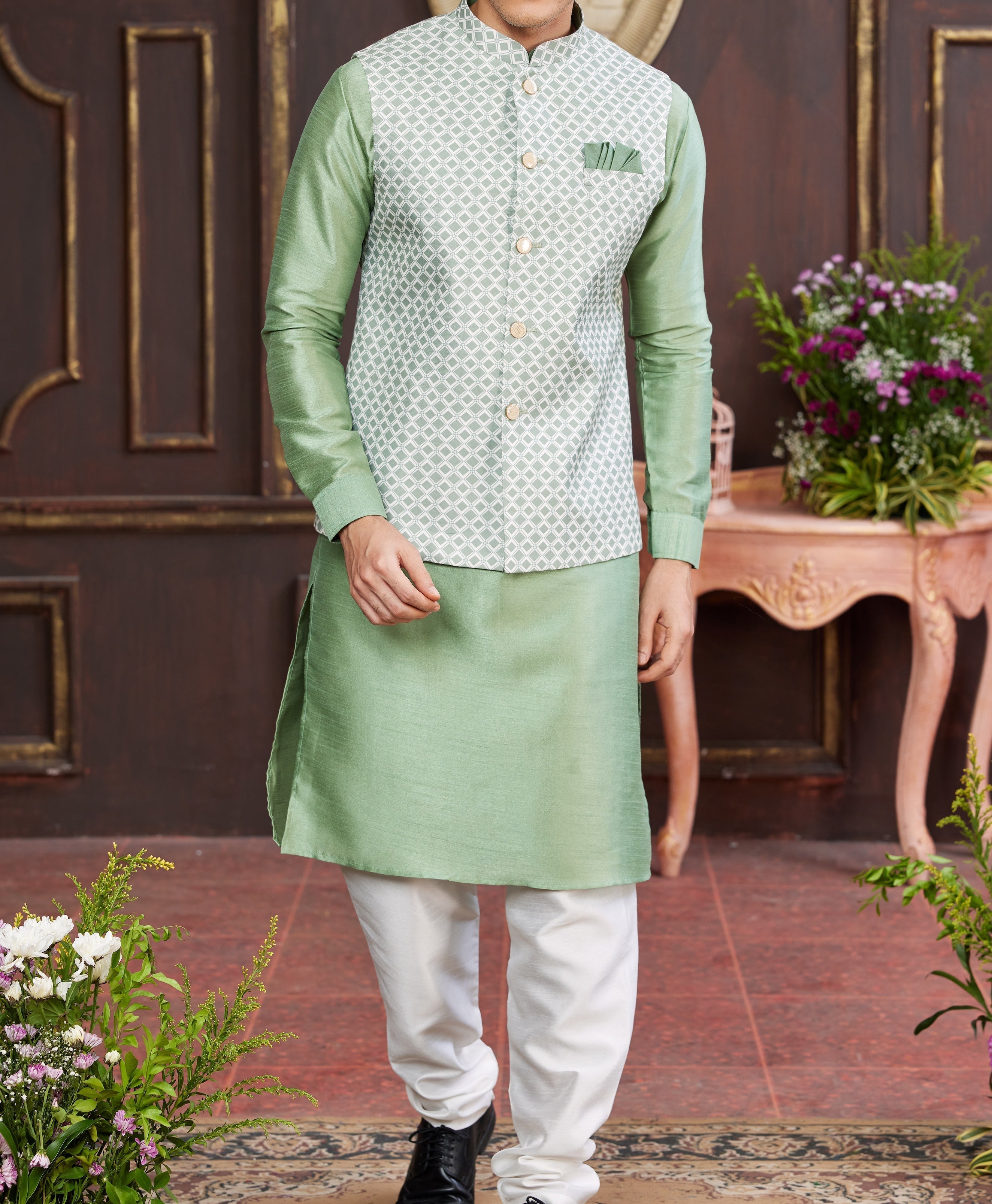 Green Kurta & Vest Set - Made - on - order - Touch Of Elegance