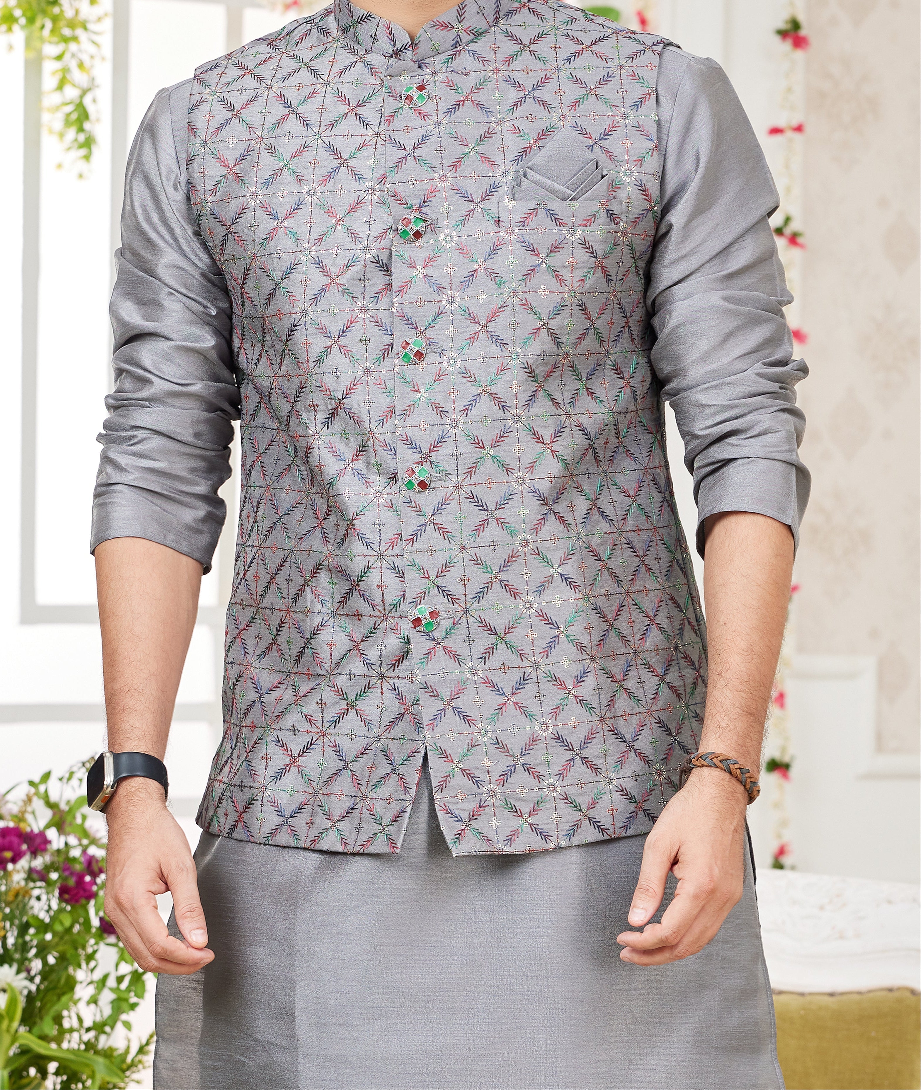 Grey Kurta & Vest Set - Made - on - order - Touch Of Elegance