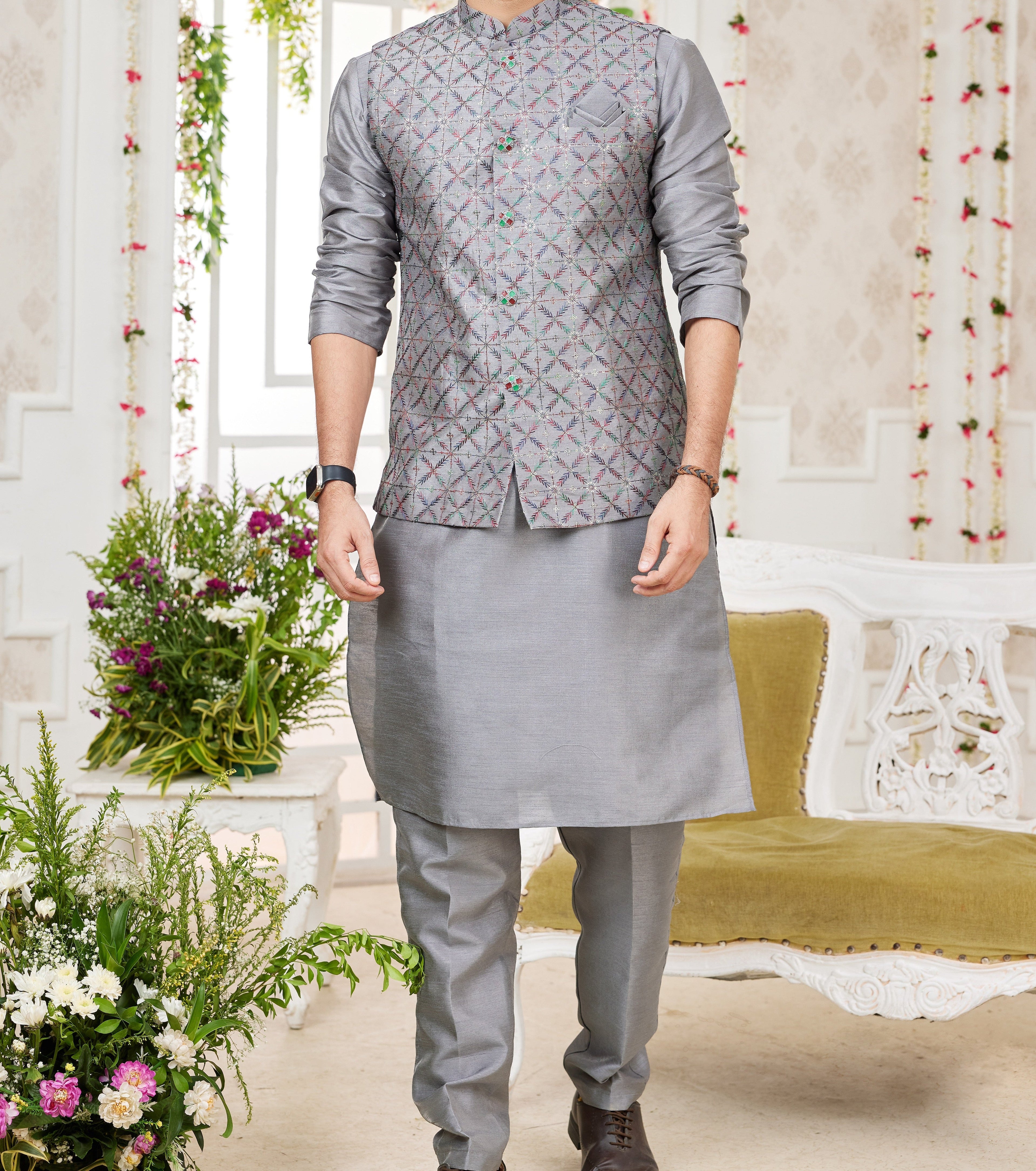 Grey Kurta & Vest Set - Made - on - order - Touch Of Elegance