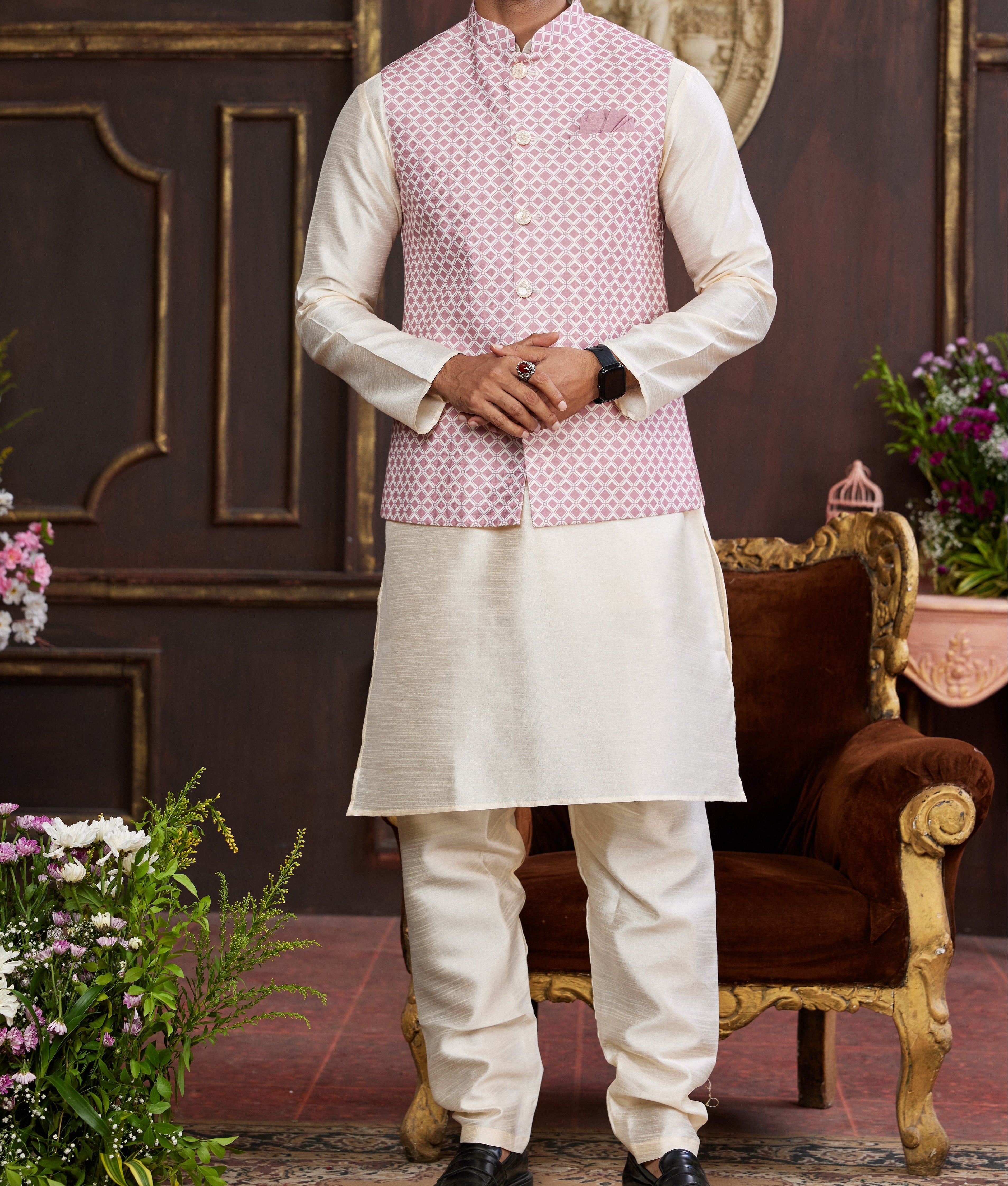 Pink & Off - white Kurta Vest Set - Made - on - order - Touch Of Elegance