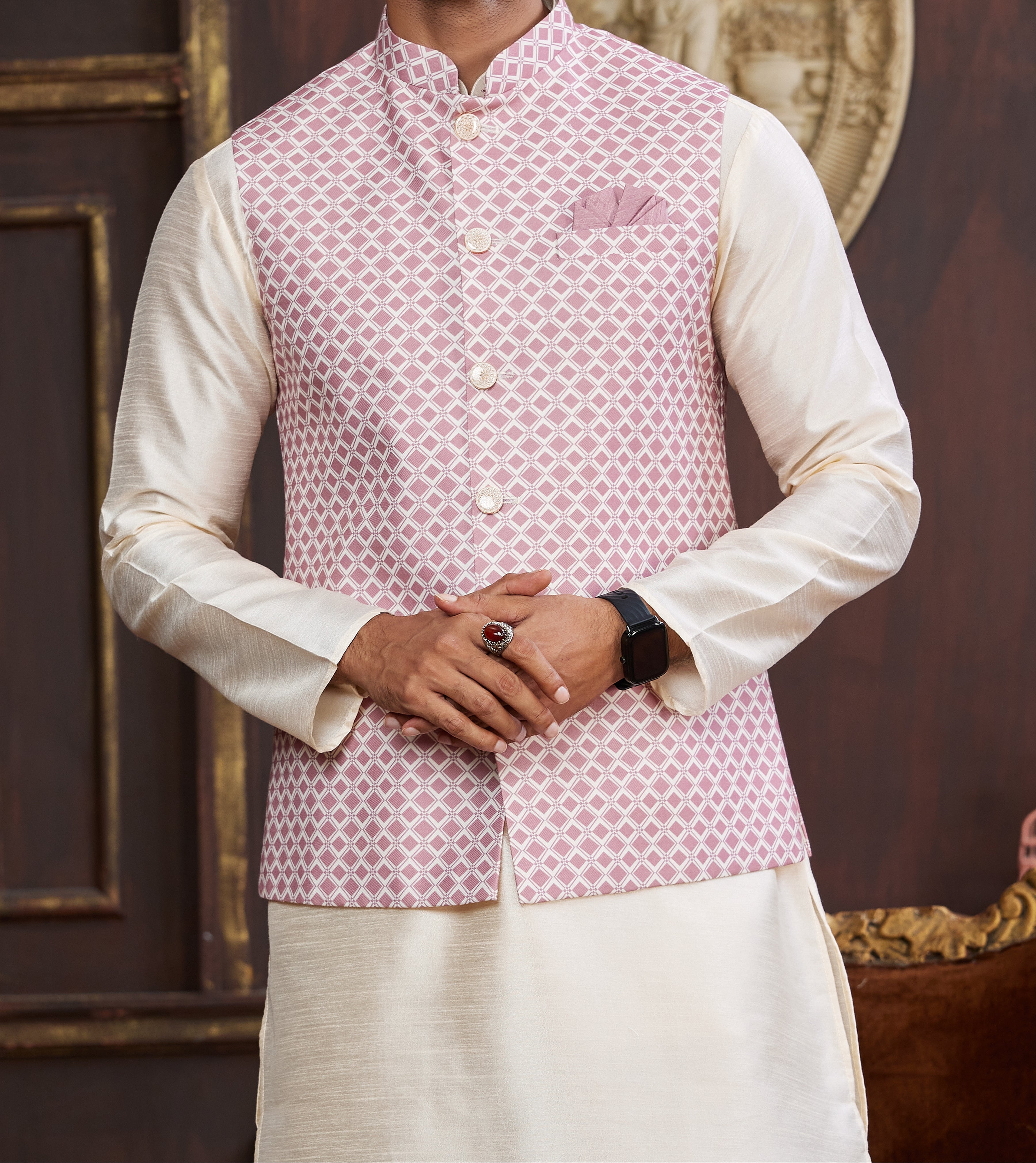 Pink & Off - white Kurta Vest Set - Made - on - order - Touch Of Elegance