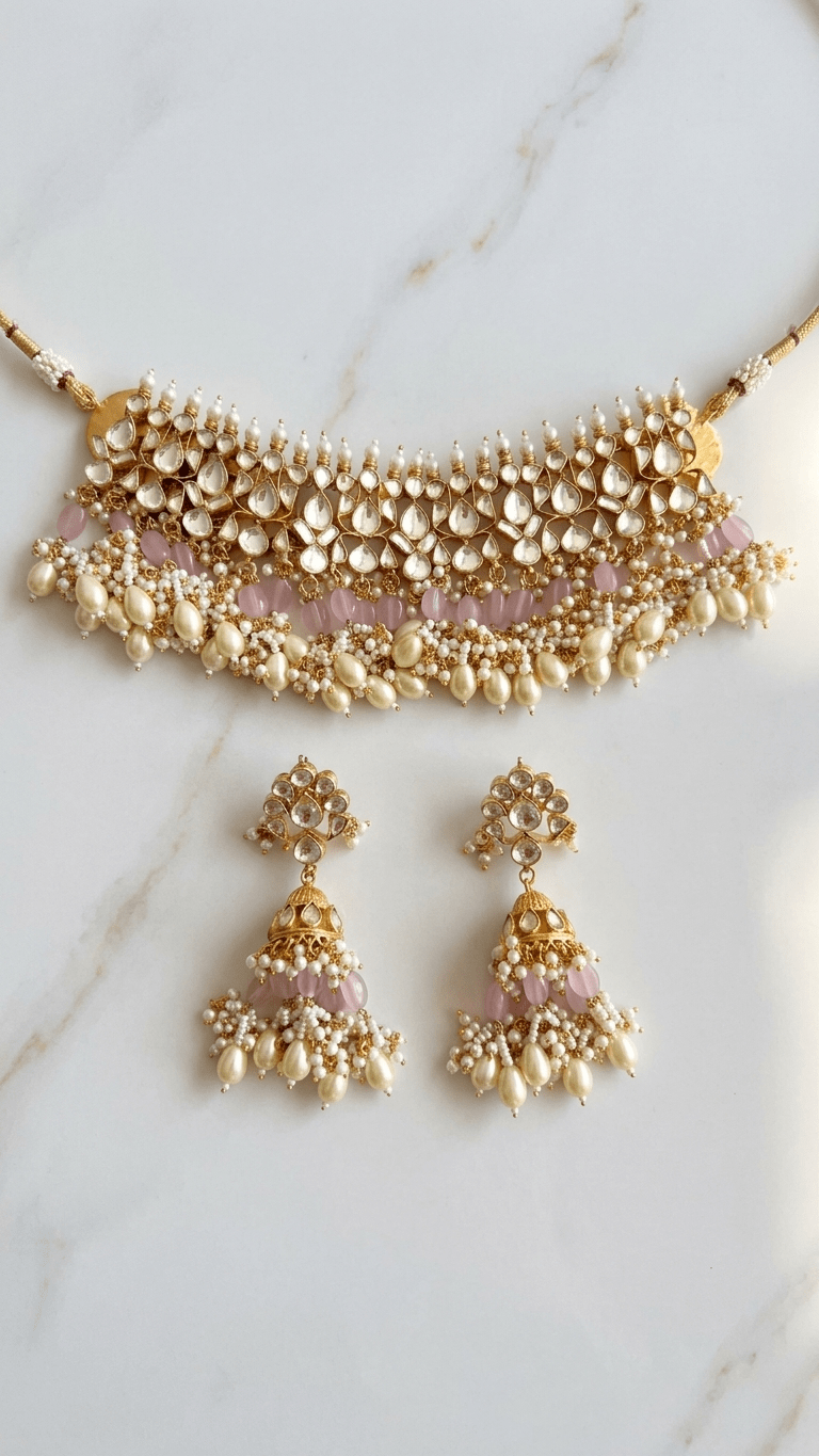 Pink Rose Set | Pachi Kundan | Made - on - order - Touch Of Elegance