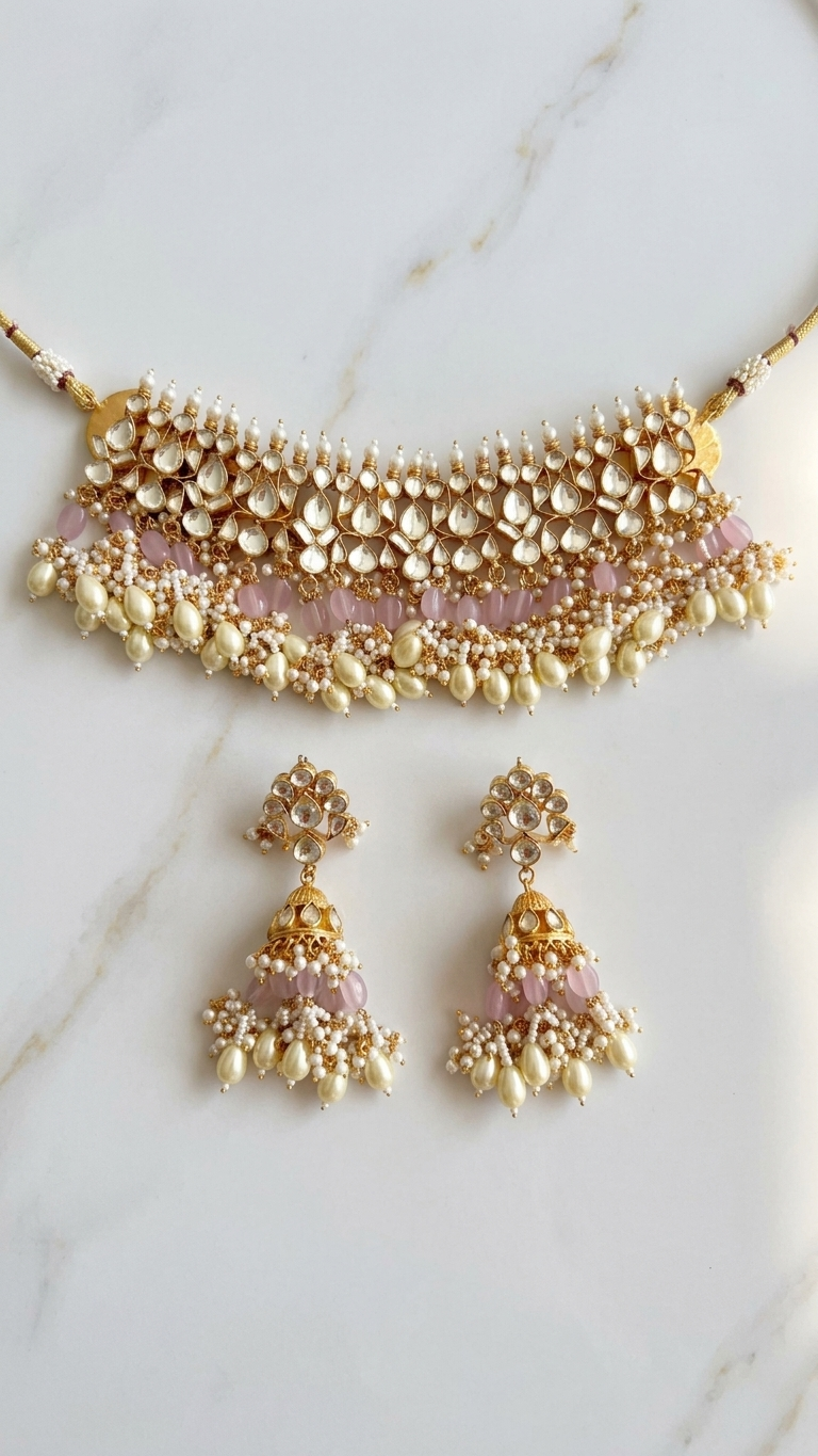 Pink Rose Set | Pachi Kundan  | Made-on-order