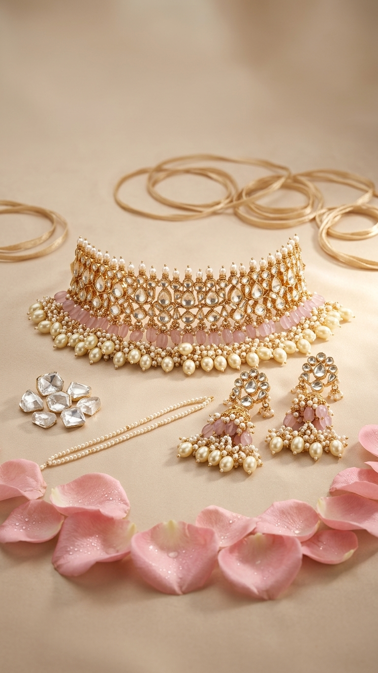 Pink Rose Set | Pachi Kundan  | Made-on-order