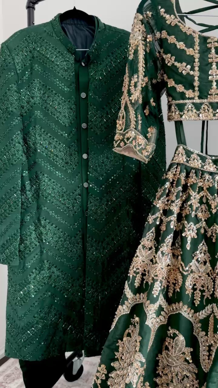 Formal 3-Piece Dark Green Sherwani Set - Made-on-order