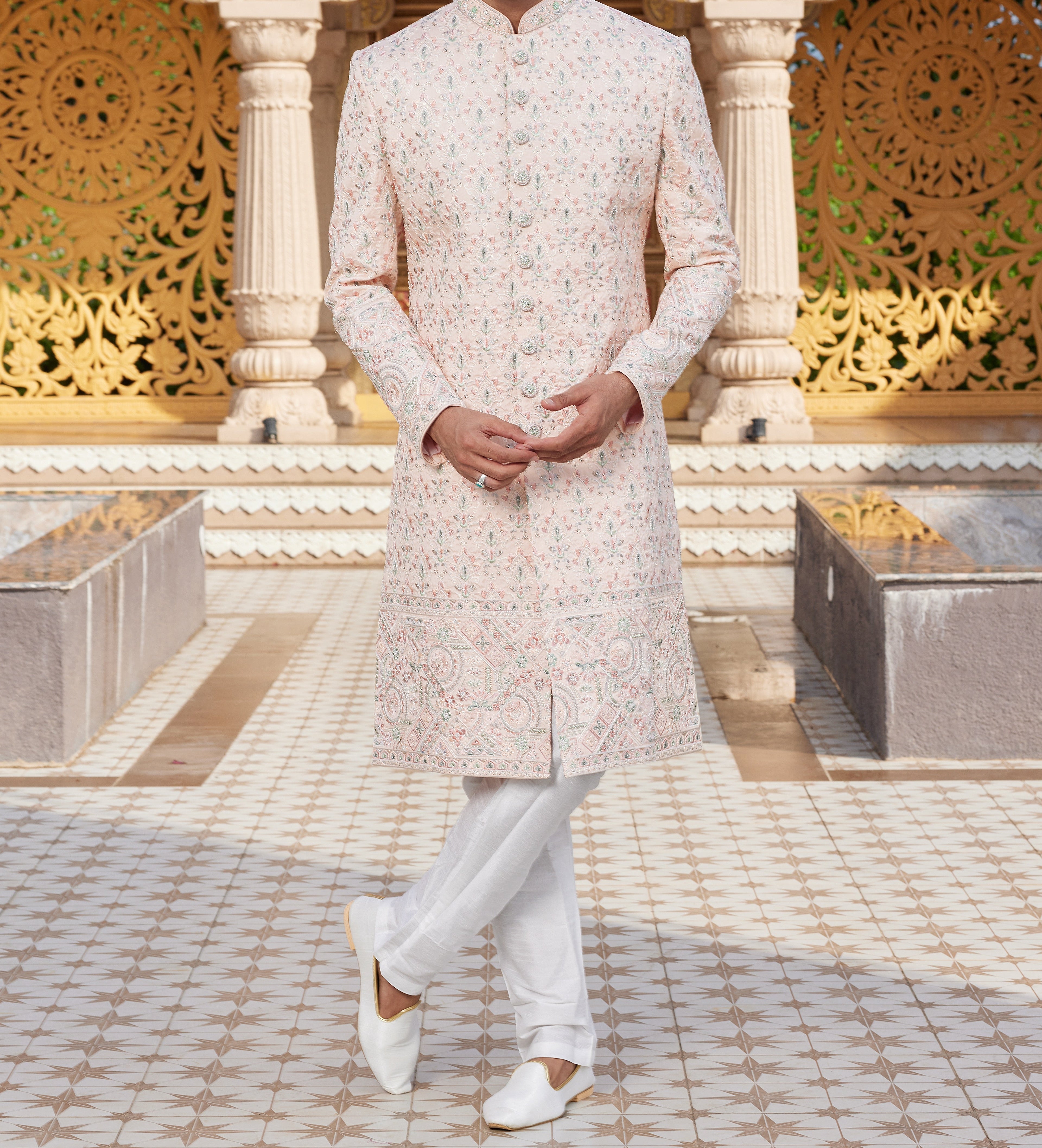 Regal 2 - Piece Pink & White Sherwani Set - Made - on - order - Touch Of Elegance
