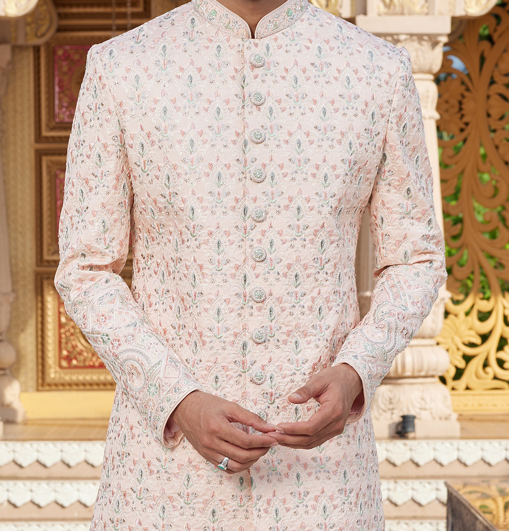 Regal 2 - Piece Pink & White Sherwani Set - Made - on - order - Touch Of Elegance