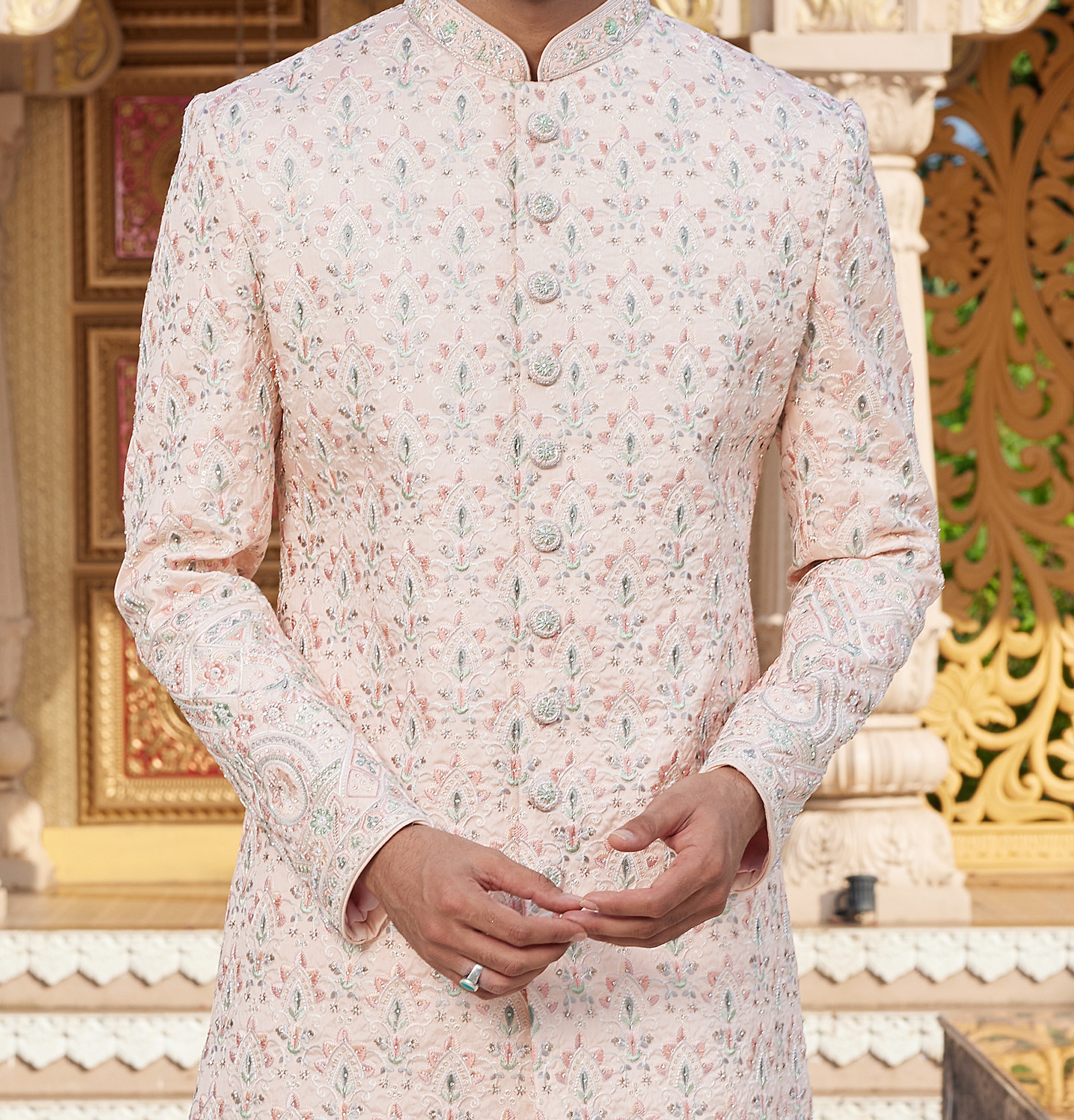 Regal 2 - Piece Pink & White Sherwani Set - Made - on - order - Touch Of Elegance