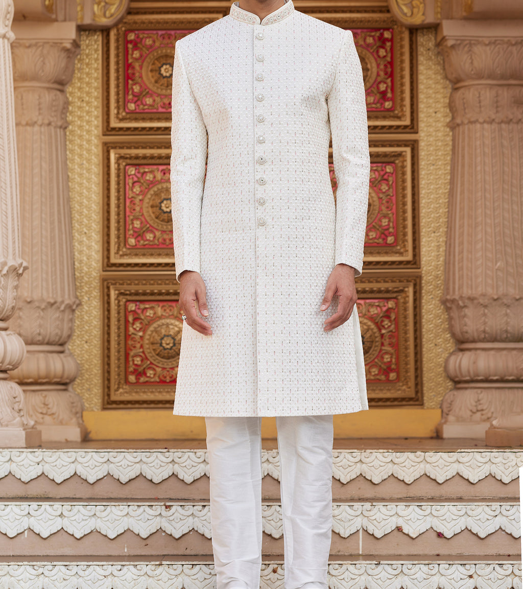 Regal 2 - Piece White & Pink Sherwani Set - Made - on - order - Touch Of Elegance