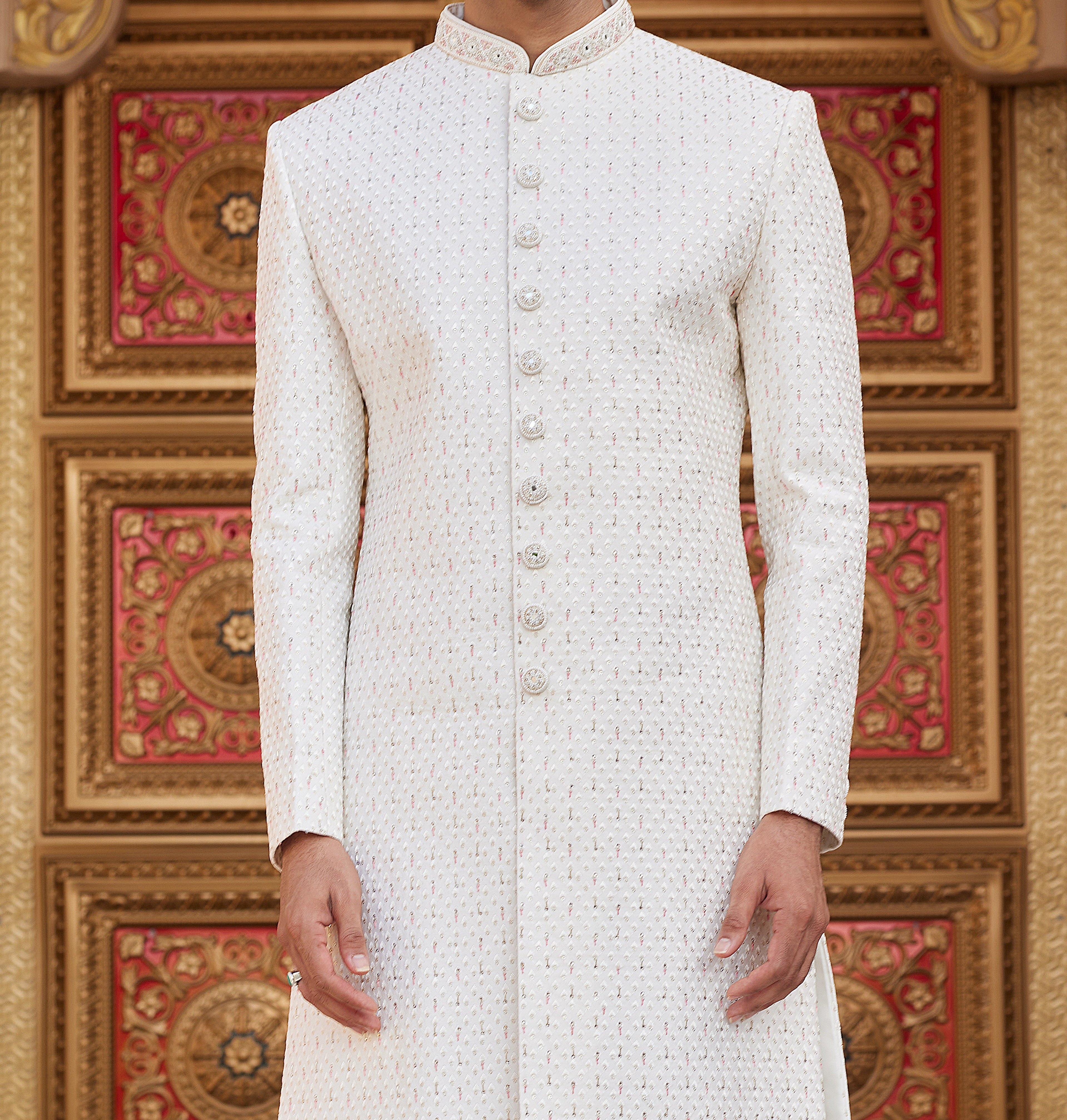 Regal 2 - Piece White & Pink Sherwani Set - Made - on - order - Touch Of Elegance