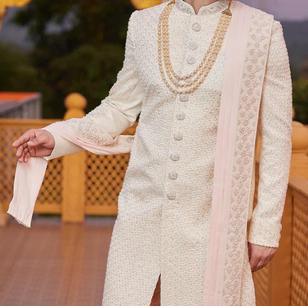 Regal 3 - Piece Cream & Peach Sherwani Set - Made - on - order - Touch Of Elegance