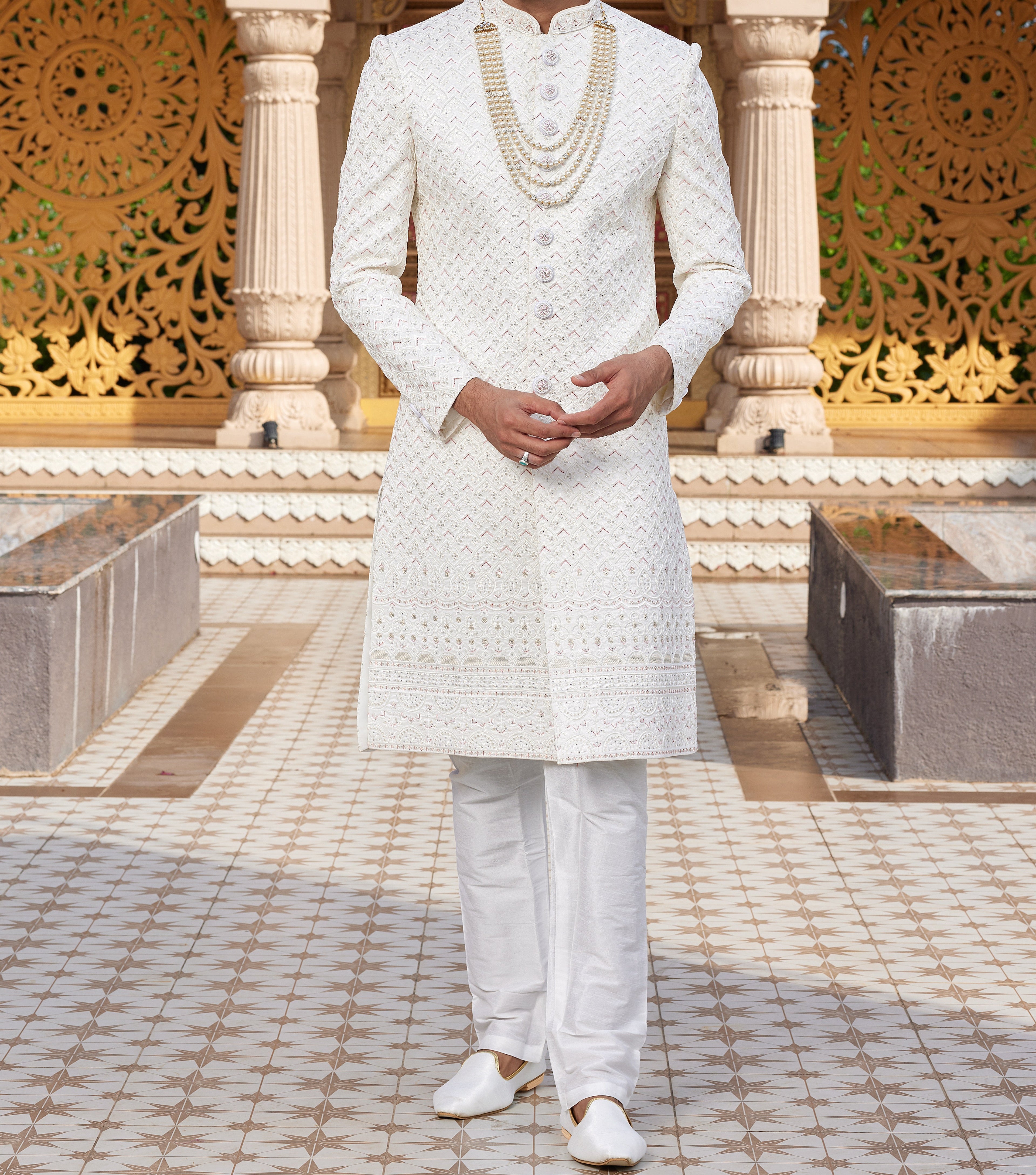 Regal 3 - Piece Ivory White Sherwani Set - Made - on - order - Touch Of Elegance