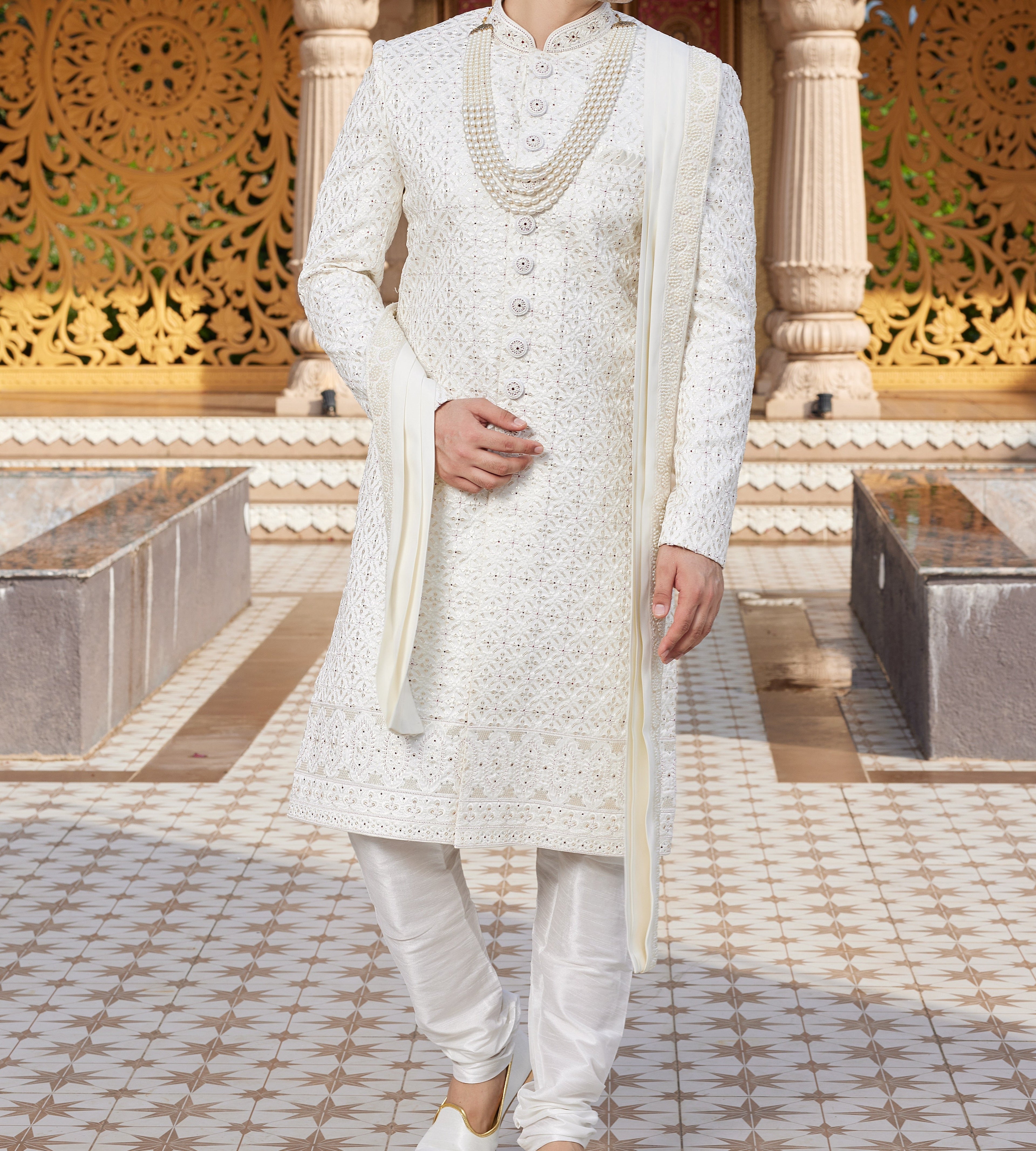 Regal 3 - Piece Ivory White Sherwani Set - Made - on - order - Touch Of Elegance