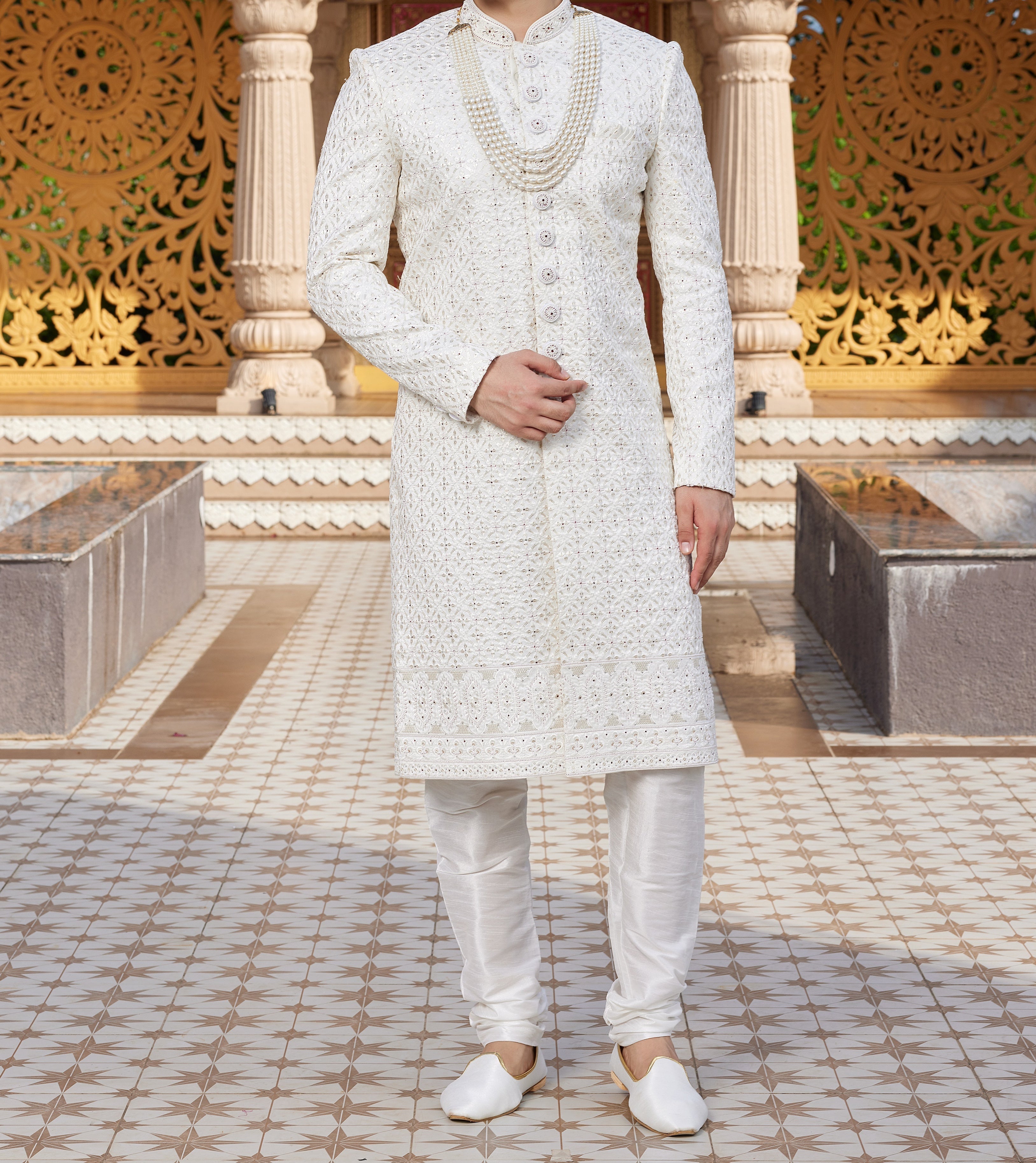 Regal 3 - Piece Ivory White Sherwani Set - Made - on - order - Touch Of Elegance