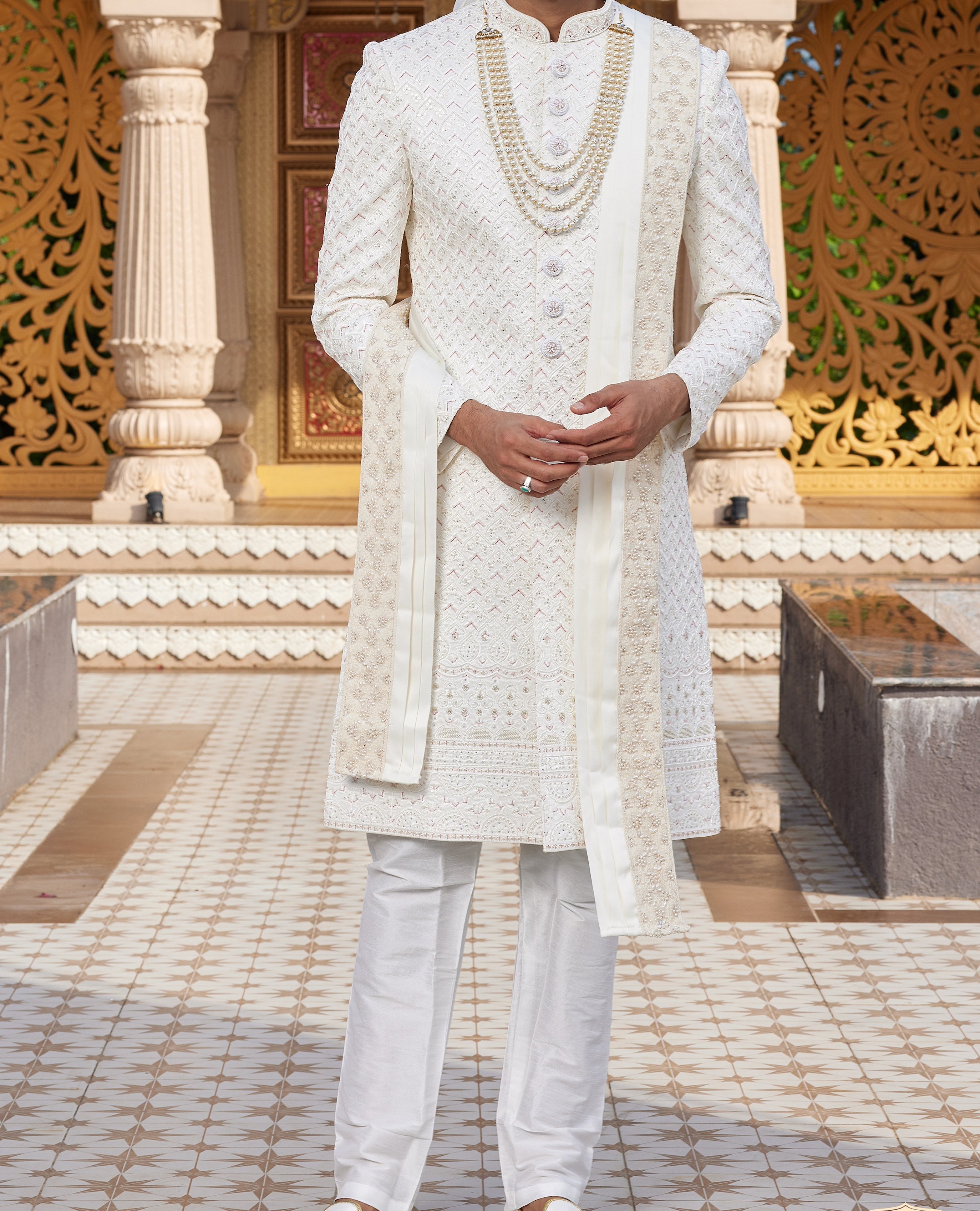 Regal 3 - Piece Ivory White Sherwani Set - Made - on - order - Touch Of Elegance