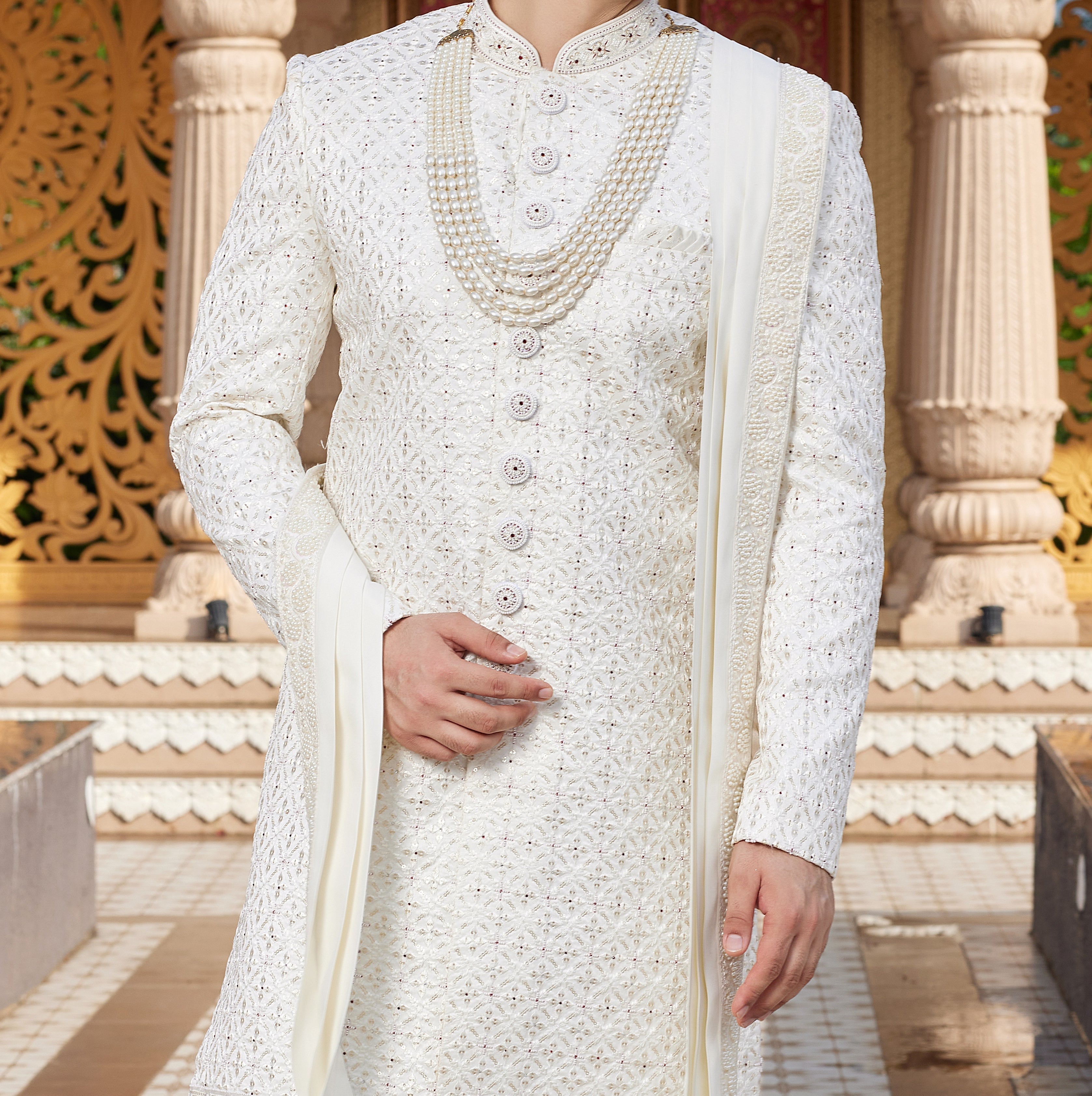 Regal 3 - Piece Ivory White Sherwani Set - Made - on - order - Touch Of Elegance