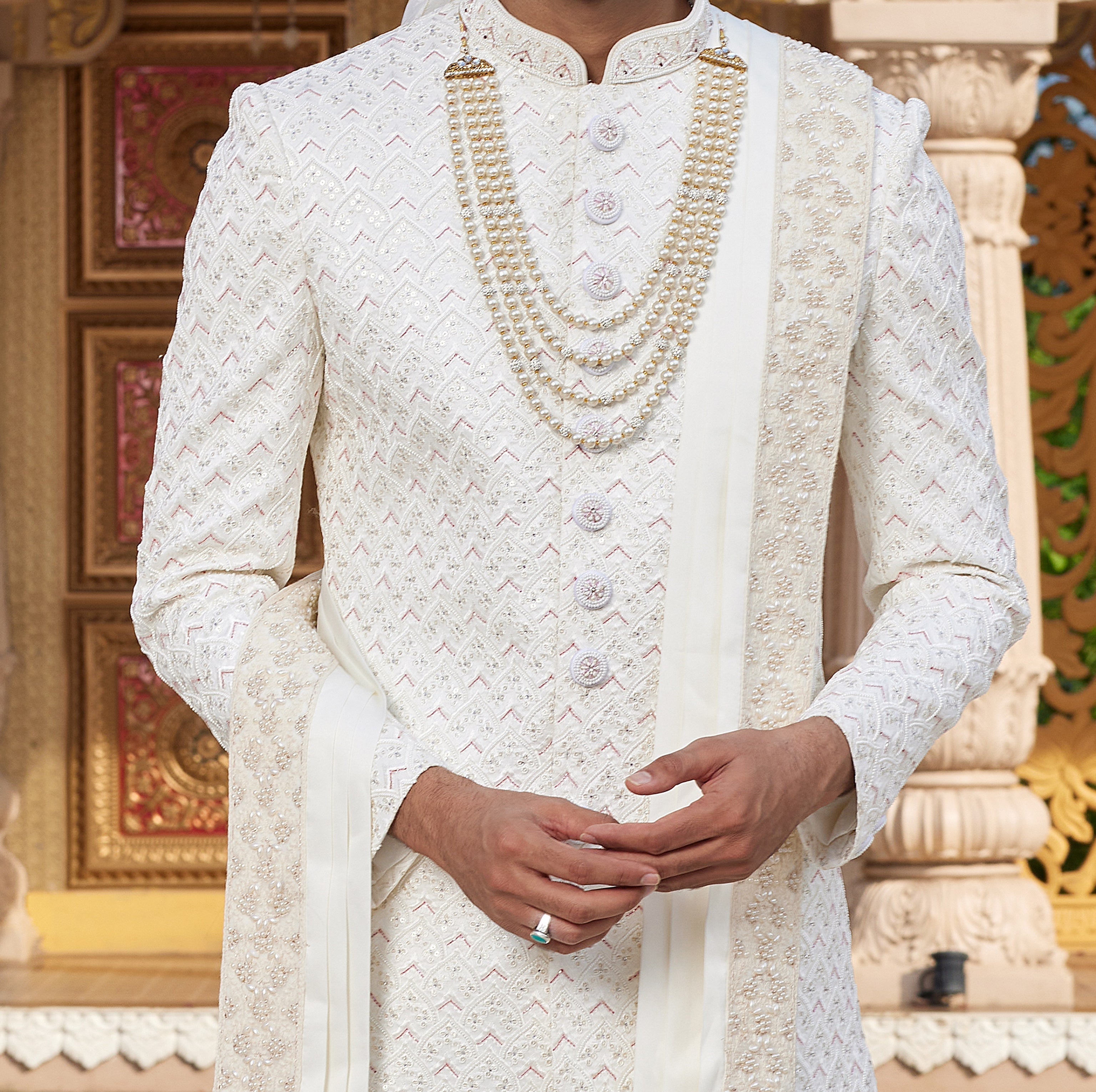 Regal 3 - Piece Ivory White Sherwani Set - Made - on - order - Touch Of Elegance