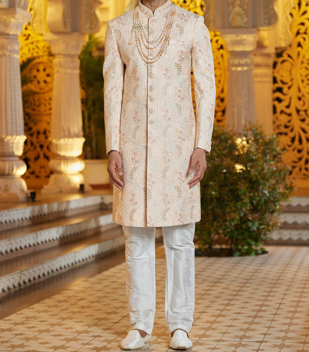 Regal 3 - Piece Peach & White Sherwani Set - Made - on - order - Touch Of Elegance
