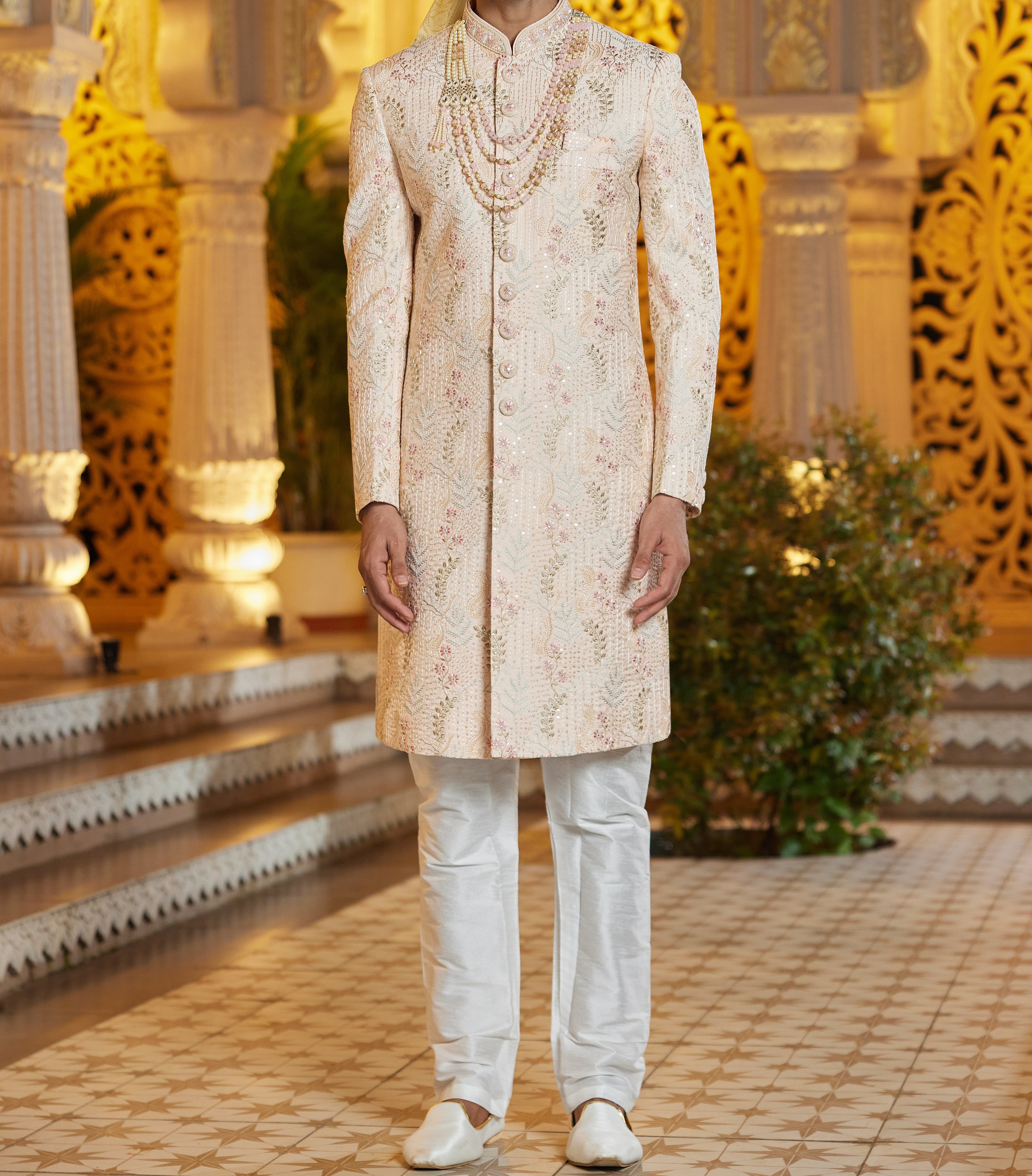 Regal 3 - Piece Peach & White Sherwani Set - Made - on - order - Touch Of Elegance