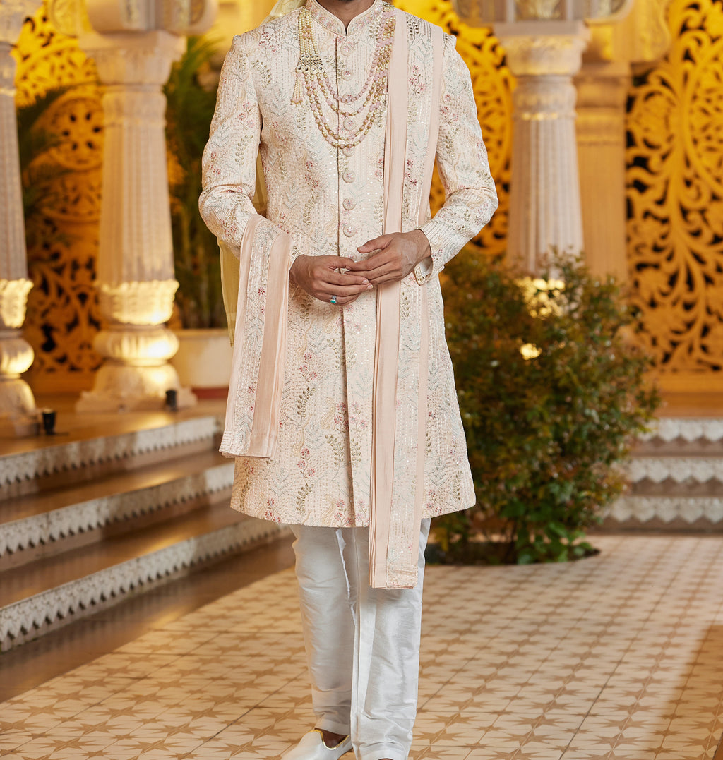 Regal 3 - Piece Peach & White Sherwani Set - Made - on - order - Touch Of Elegance