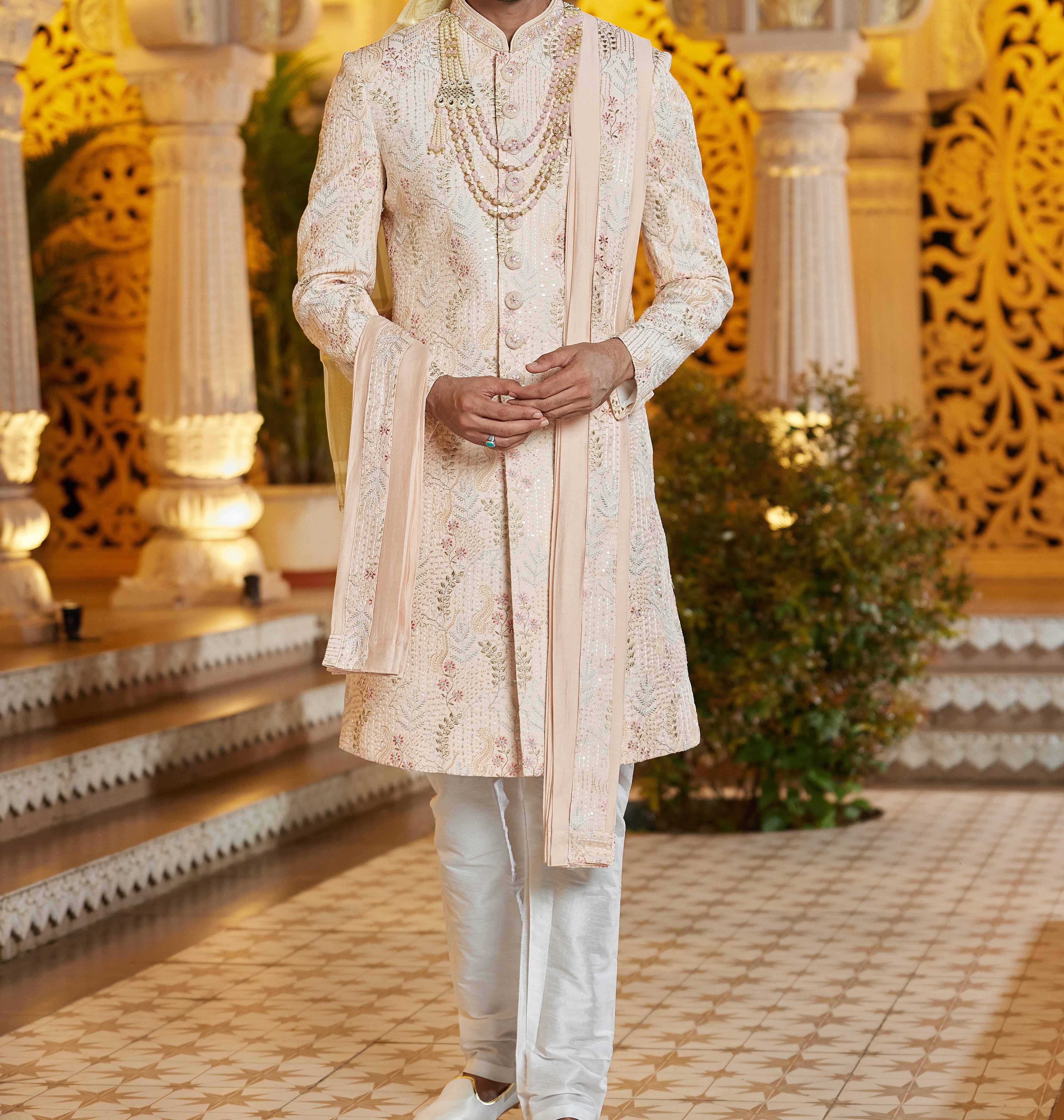 Regal 3 - Piece Peach & White Sherwani Set - Made - on - order - Touch Of Elegance