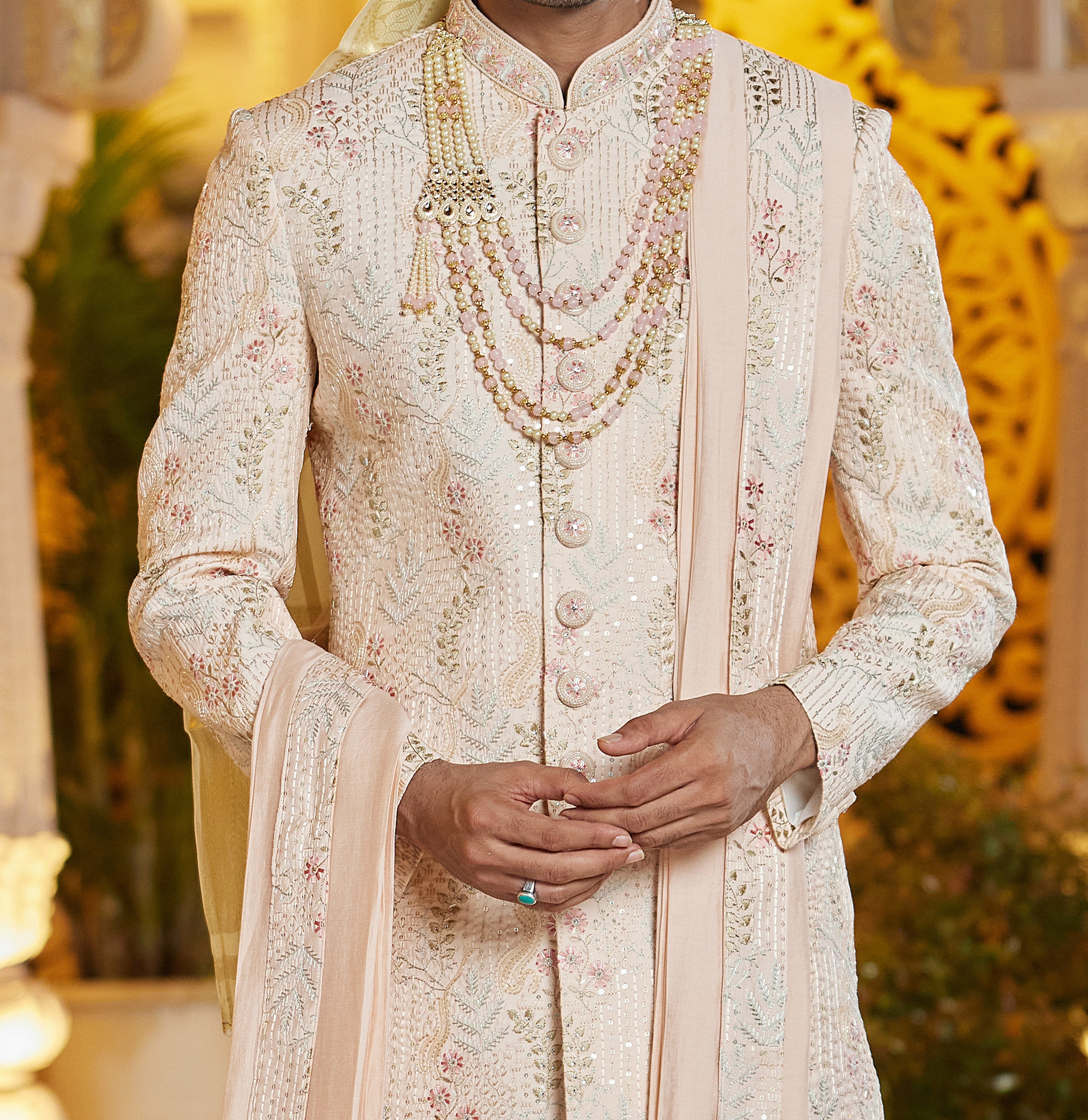 Regal 3 - Piece Peach & White Sherwani Set - Made - on - order - Touch Of Elegance