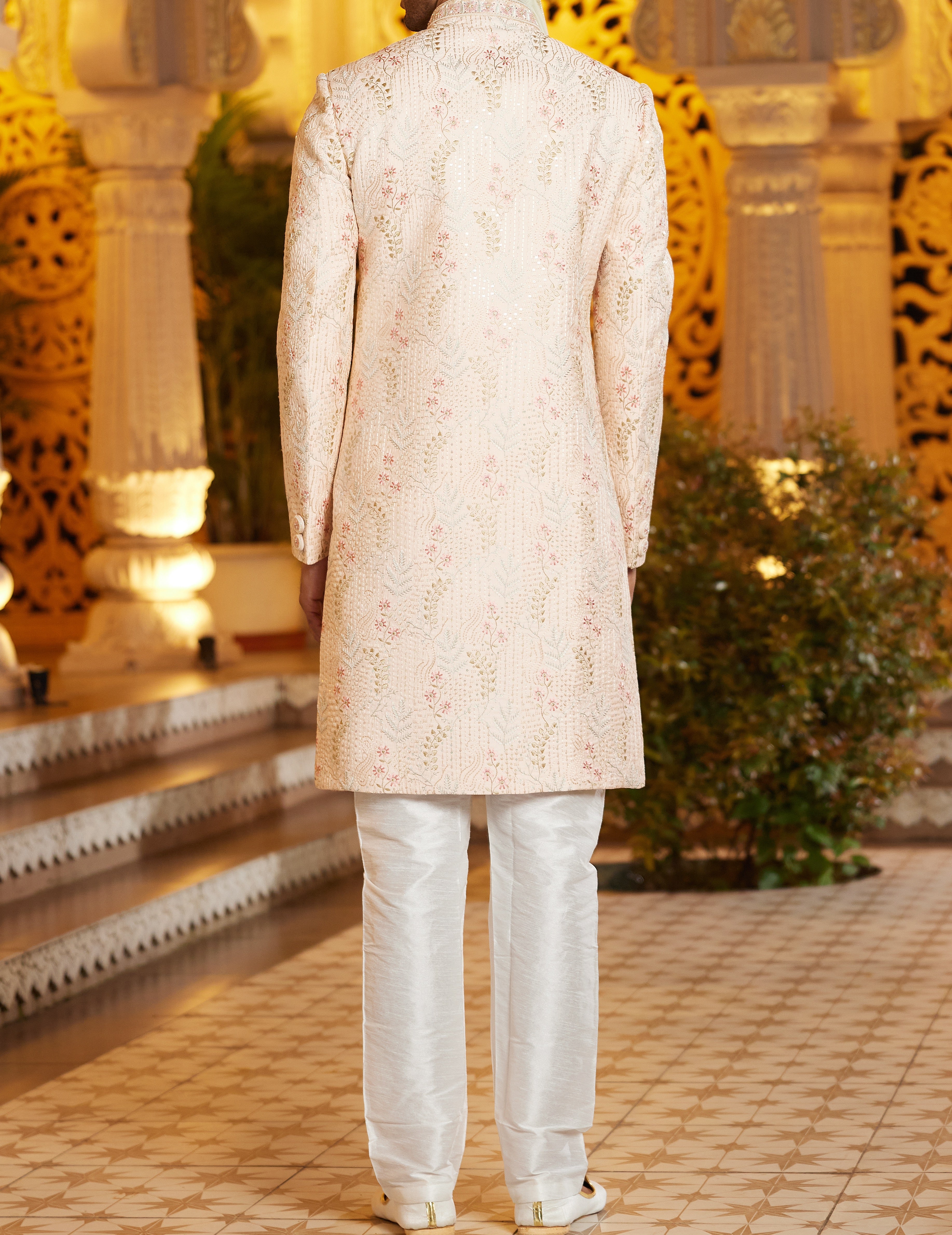 Regal 3 - Piece Peach & White Sherwani Set - Made - on - order - Touch Of Elegance