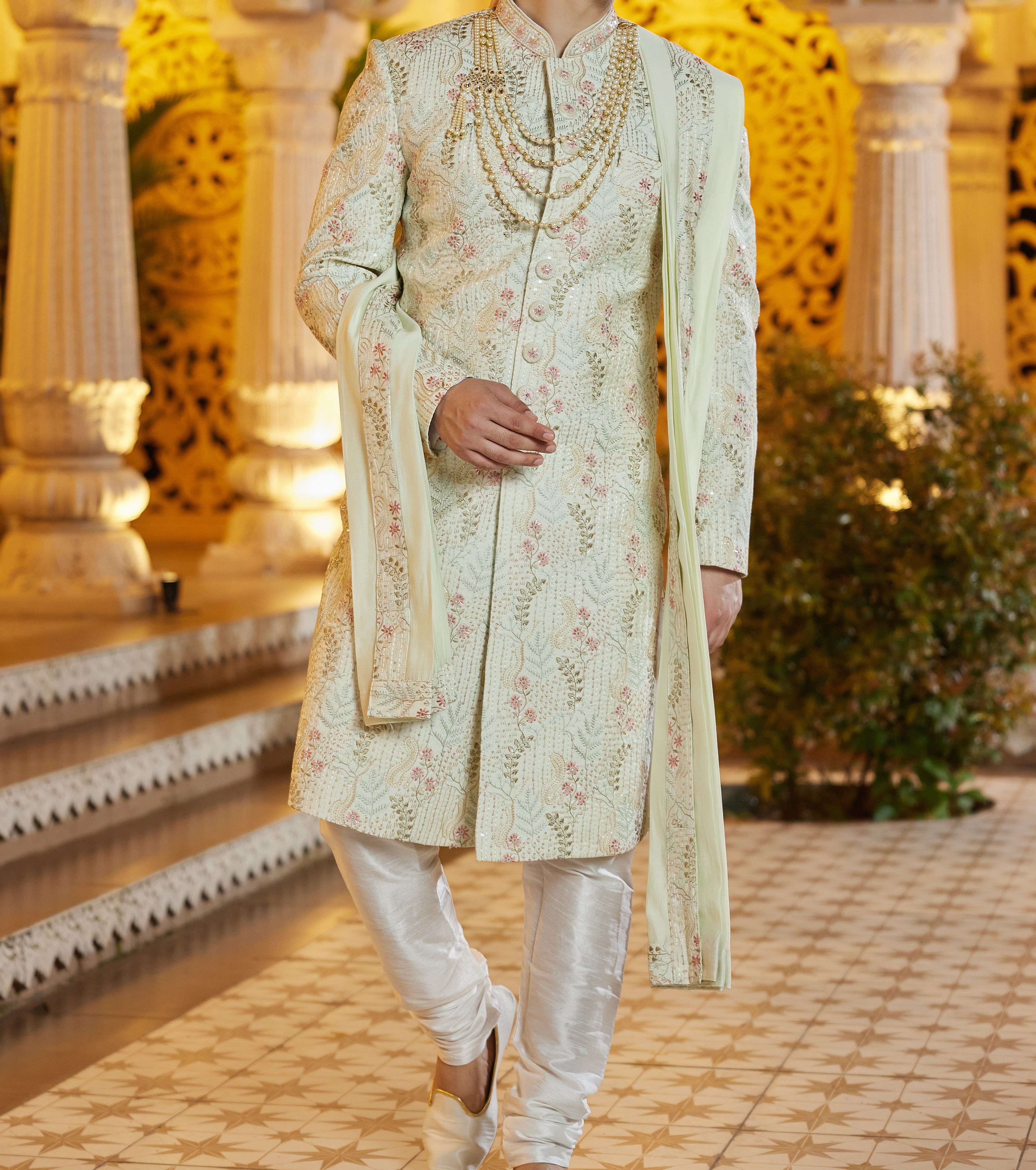 Regal 3 - Piece Sage | Pista Green & White Sherwani Set - Made - on - order - Touch Of Elegance