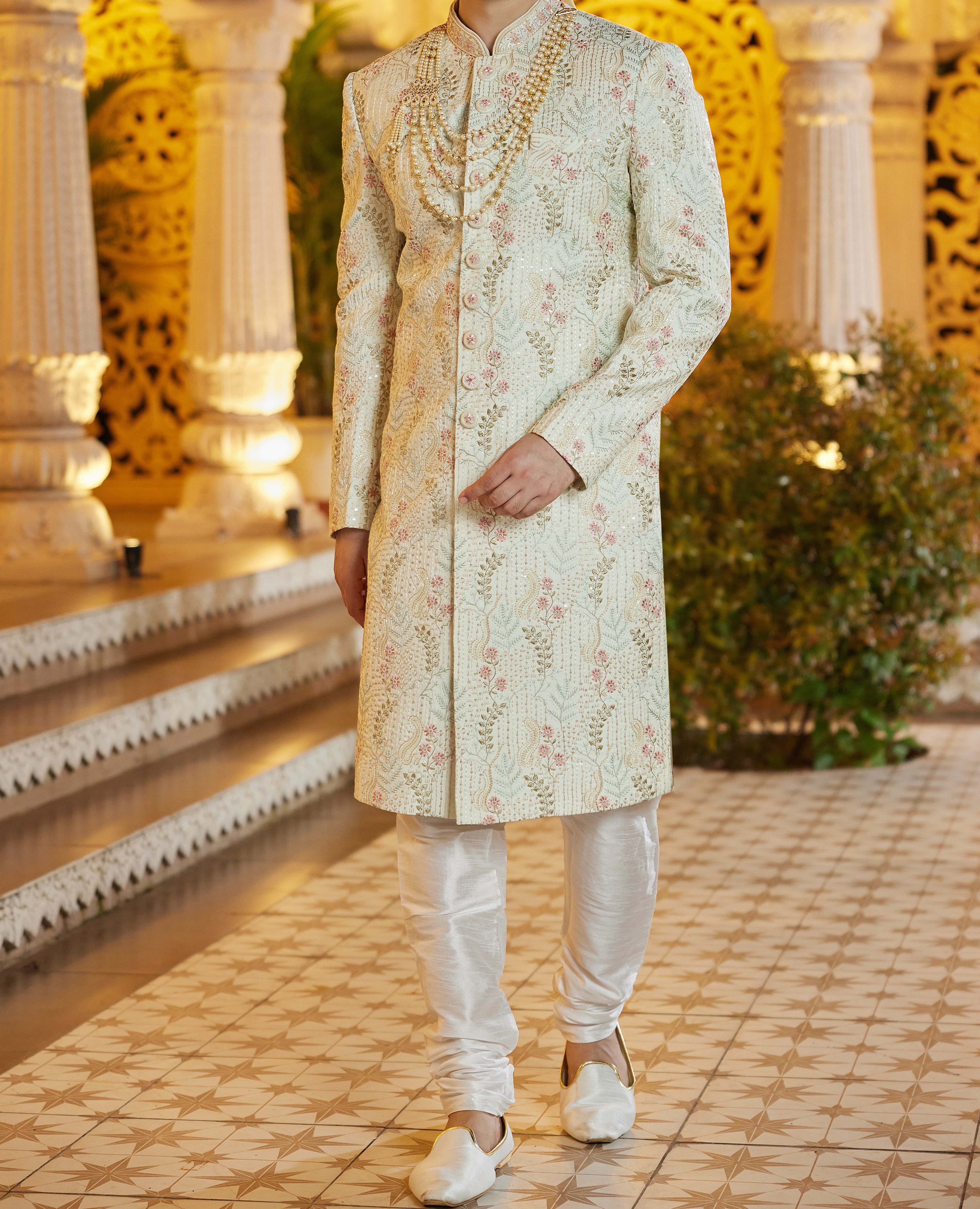 Regal 3 - Piece Sage | Pista Green & White Sherwani Set - Made - on - order - Touch Of Elegance