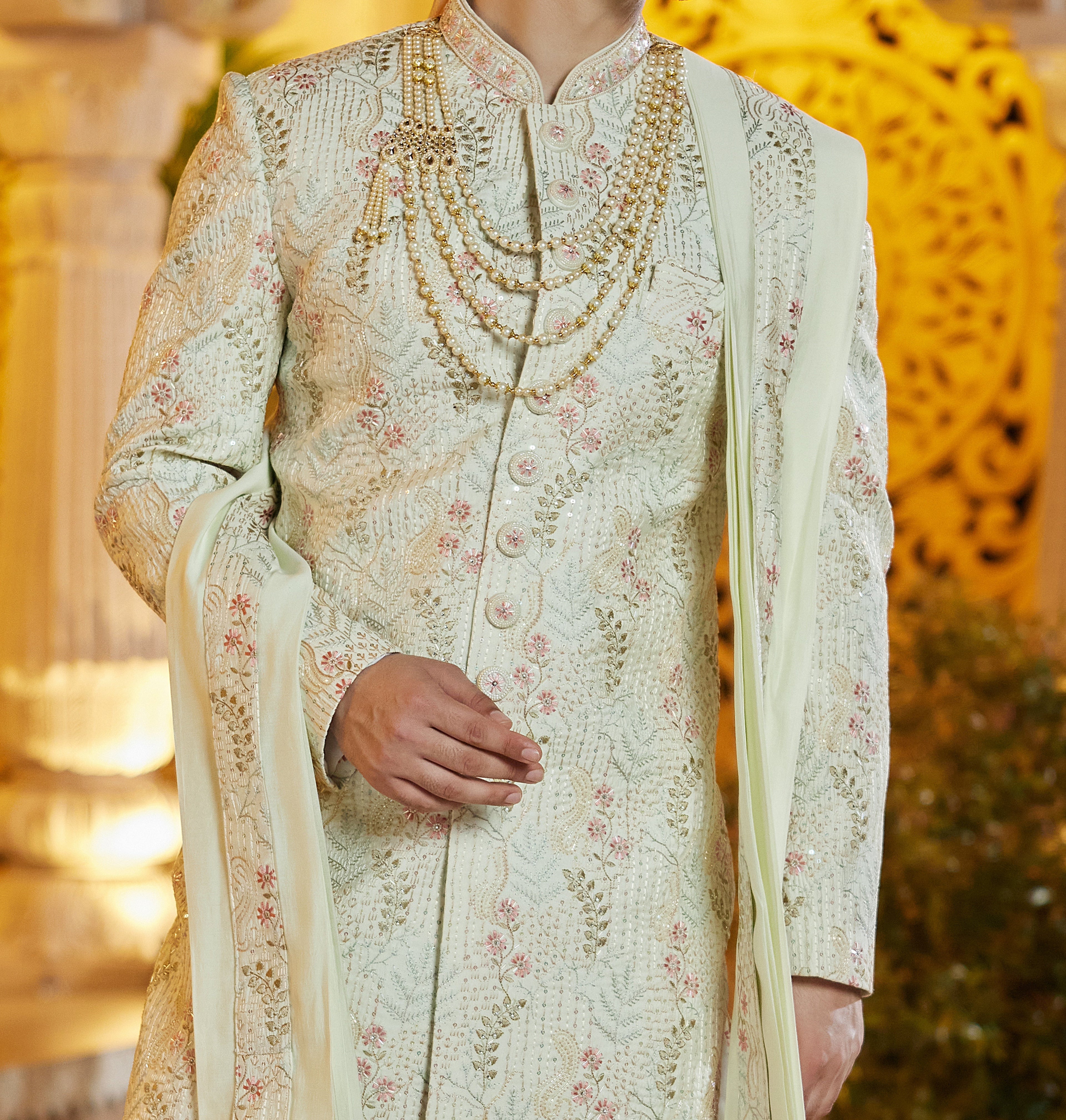 Regal 3 - Piece Sage | Pista Green & White Sherwani Set - Made - on - order - Touch Of Elegance