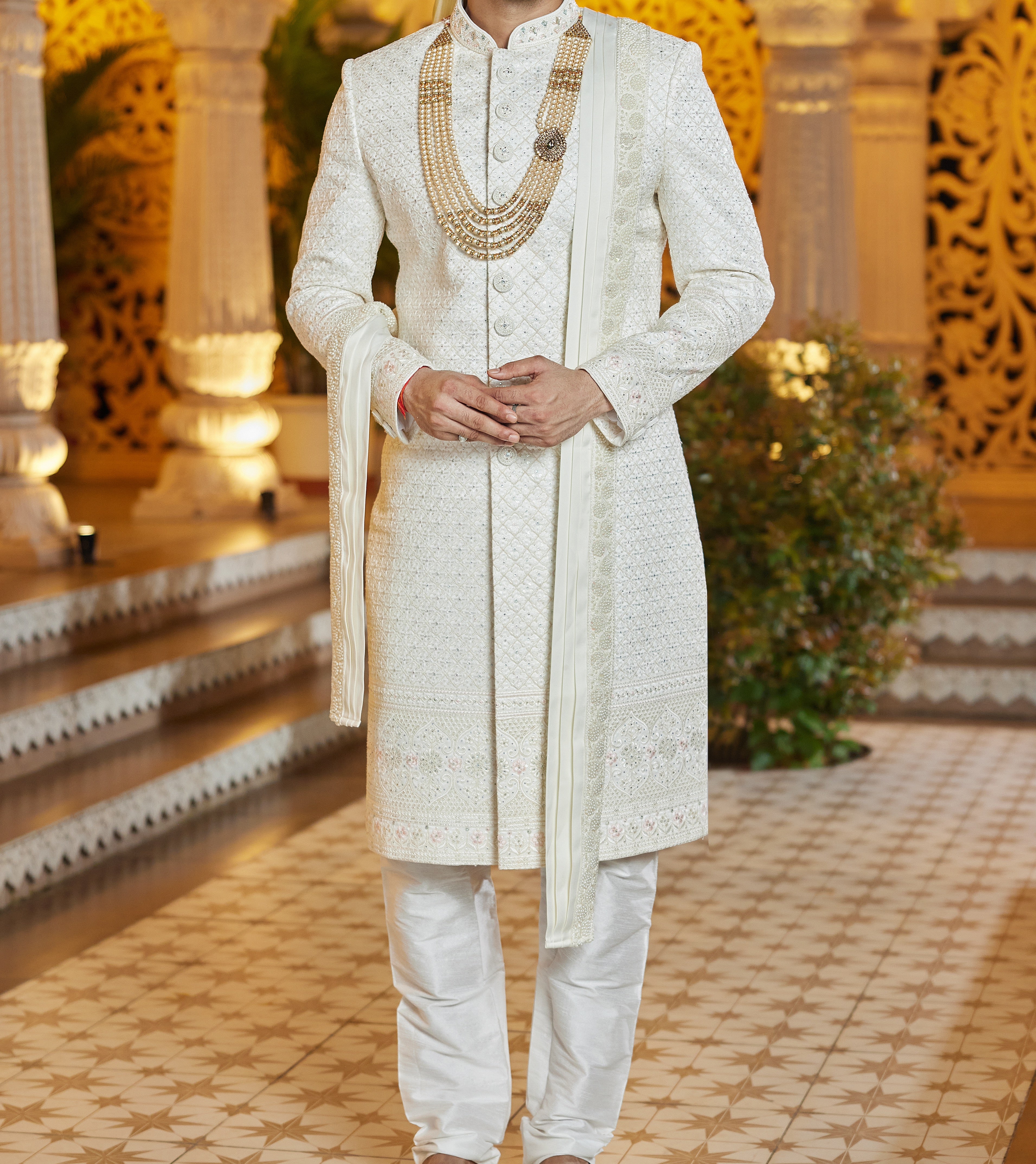 Regal 3 - Piece White & Pink Sherwani Set - Made - on - order - Touch Of Elegance