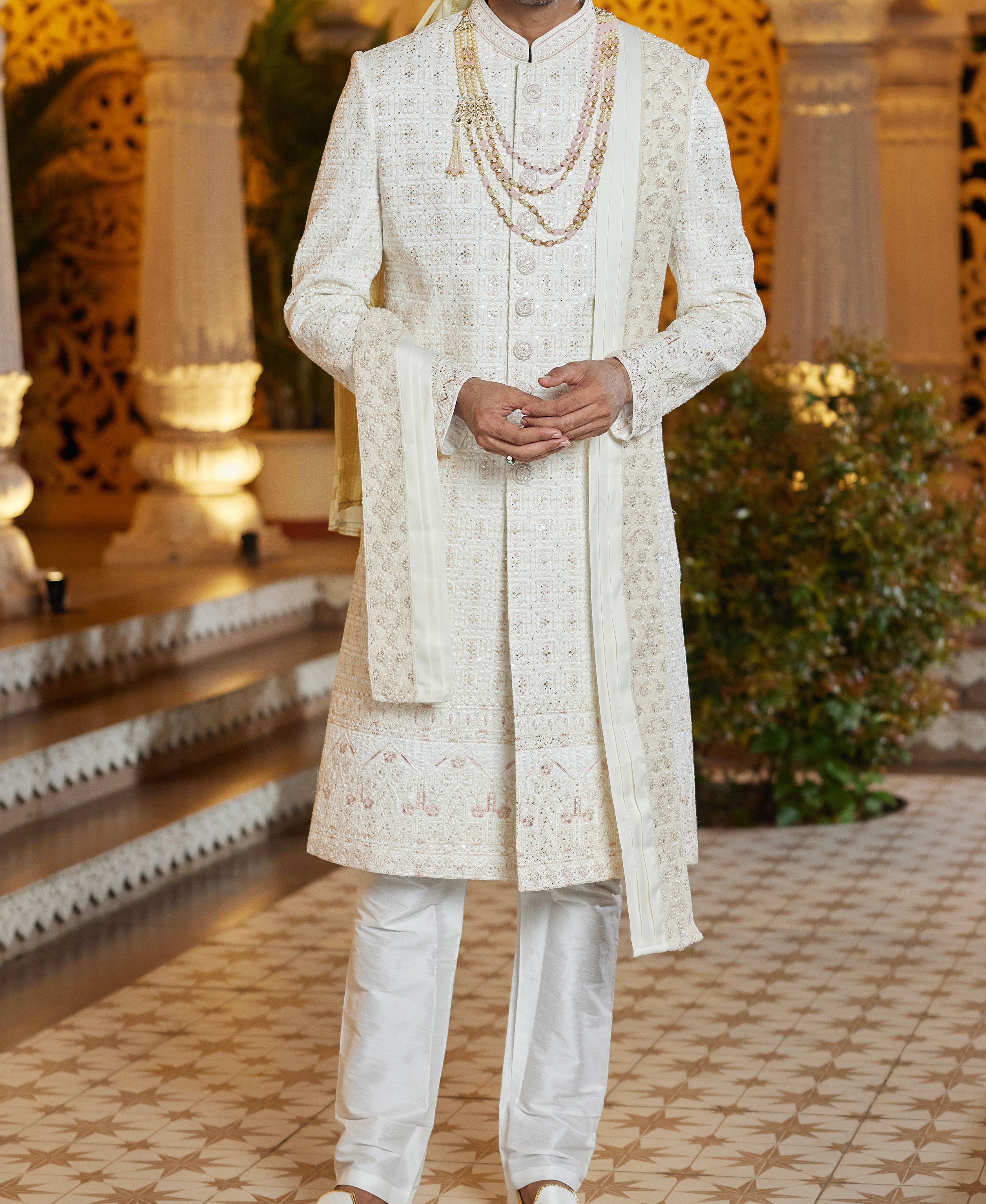 Regal 3 - Piece White & Pink Sherwani Set - Made - on - order - Touch Of Elegance
