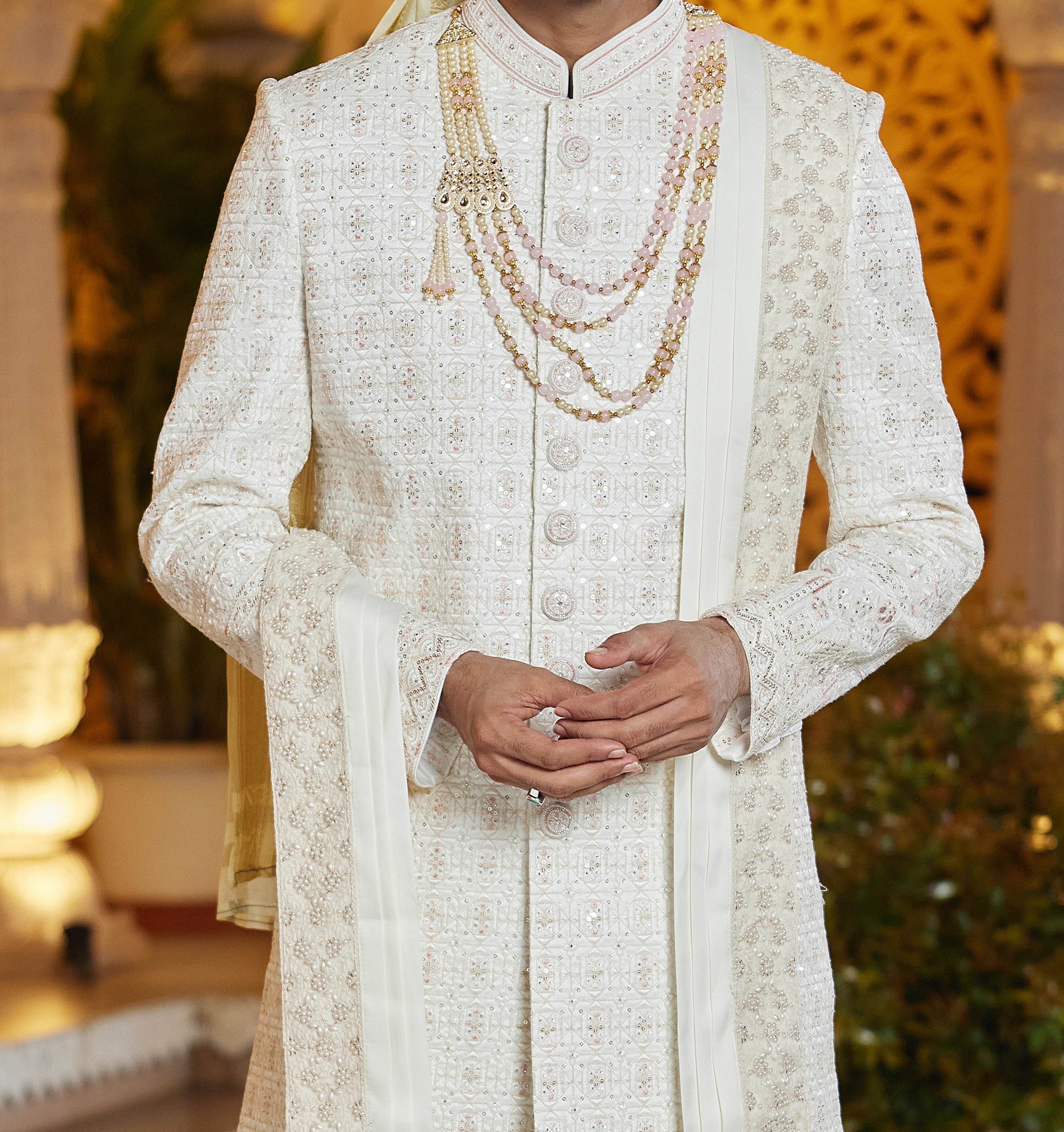 Regal 3 - Piece White & Pink Sherwani Set - Made - on - order - Touch Of Elegance