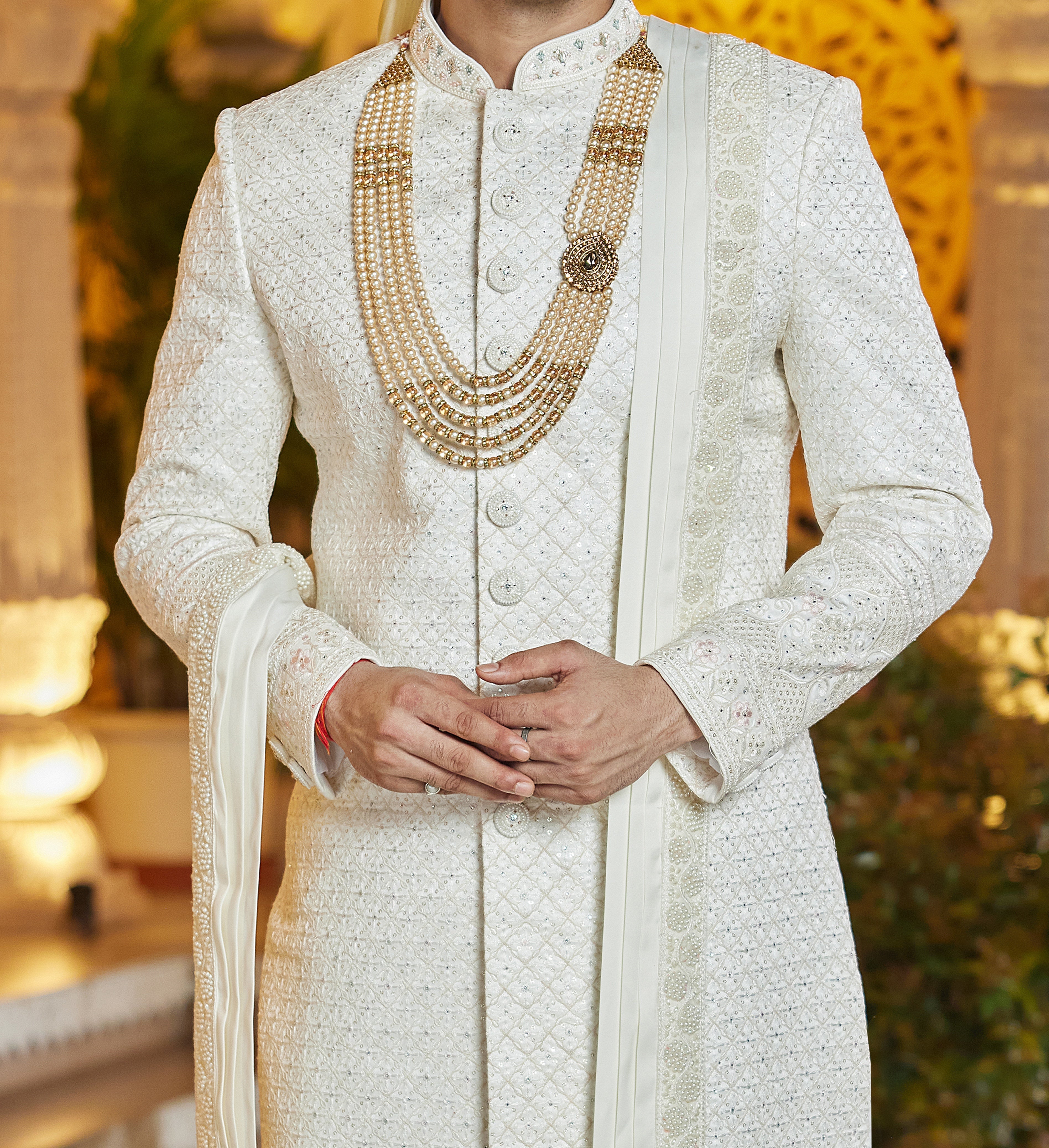 Regal 3 - Piece White & Pink Sherwani Set - Made - on - order - Touch Of Elegance