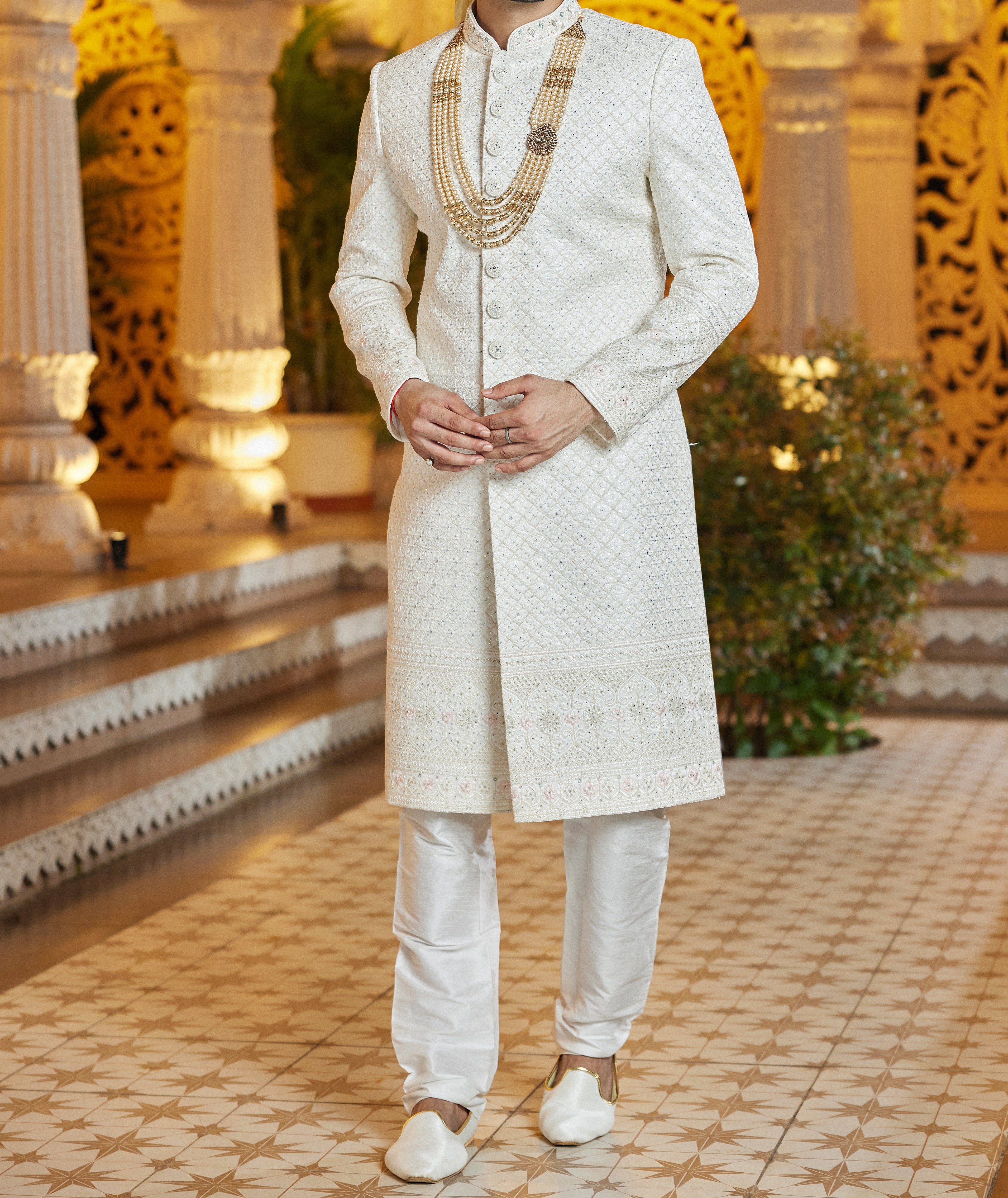 Regal 3 - Piece White & Pink Sherwani Set - Made - on - order - Touch Of Elegance