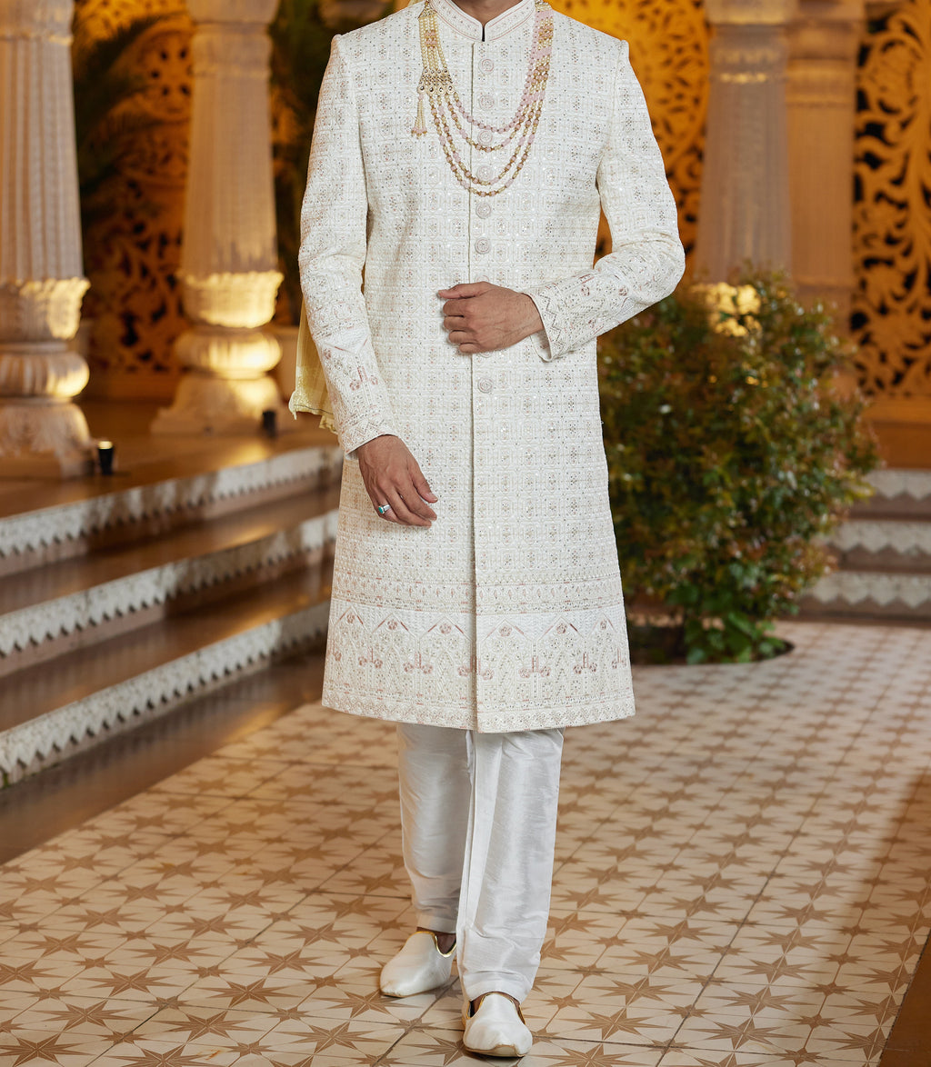 Regal 3 - Piece White & Pink Sherwani Set - Made - on - order - Touch Of Elegance