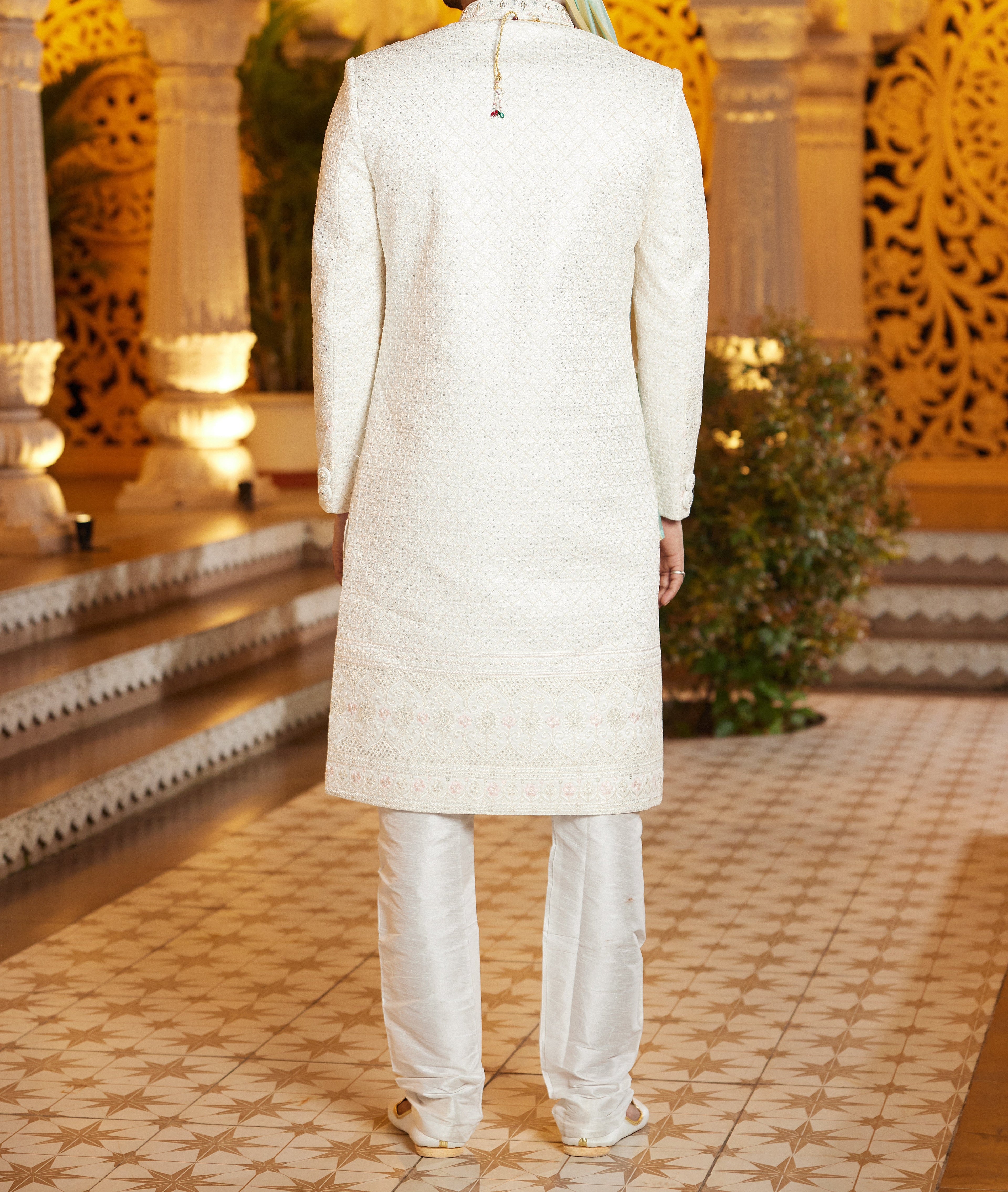 Regal 3 - Piece White & Pink Sherwani Set - Made - on - order - Touch Of Elegance