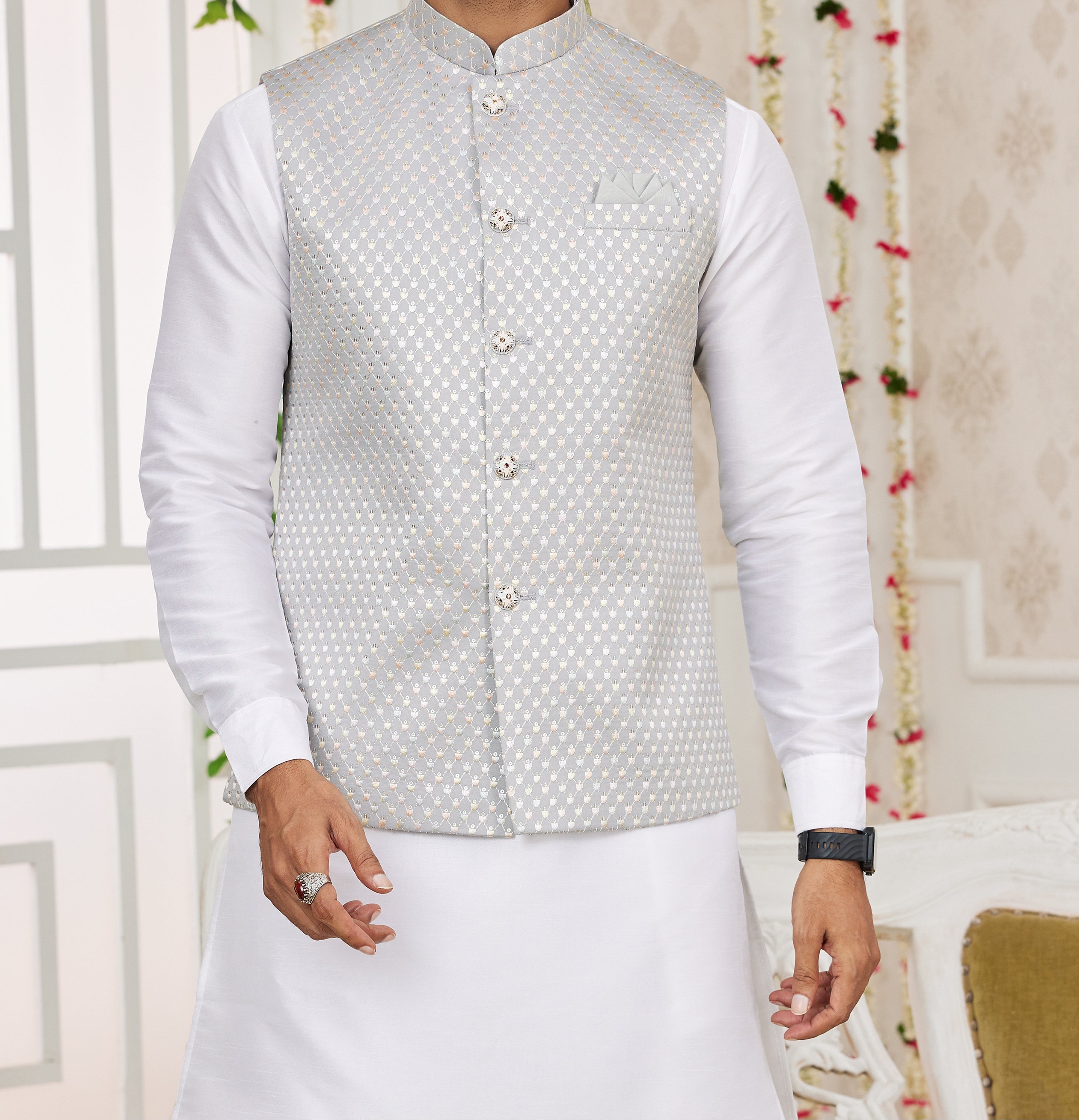 Silver & White Kurta Vest Set - Made - on - order - Touch Of Elegance