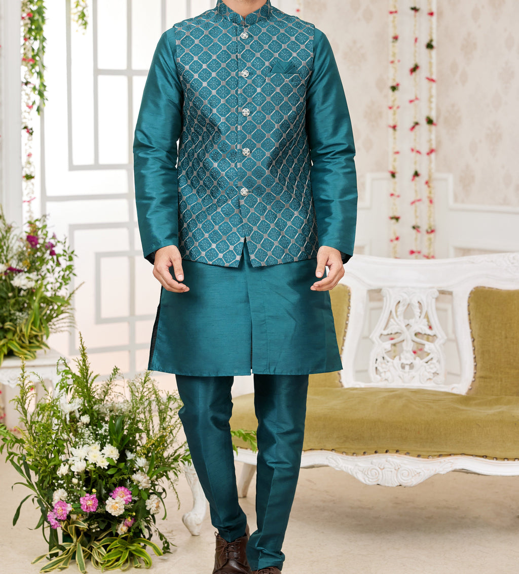 Teal Kurta & Vest Set - Made - on - order - Touch Of Elegance