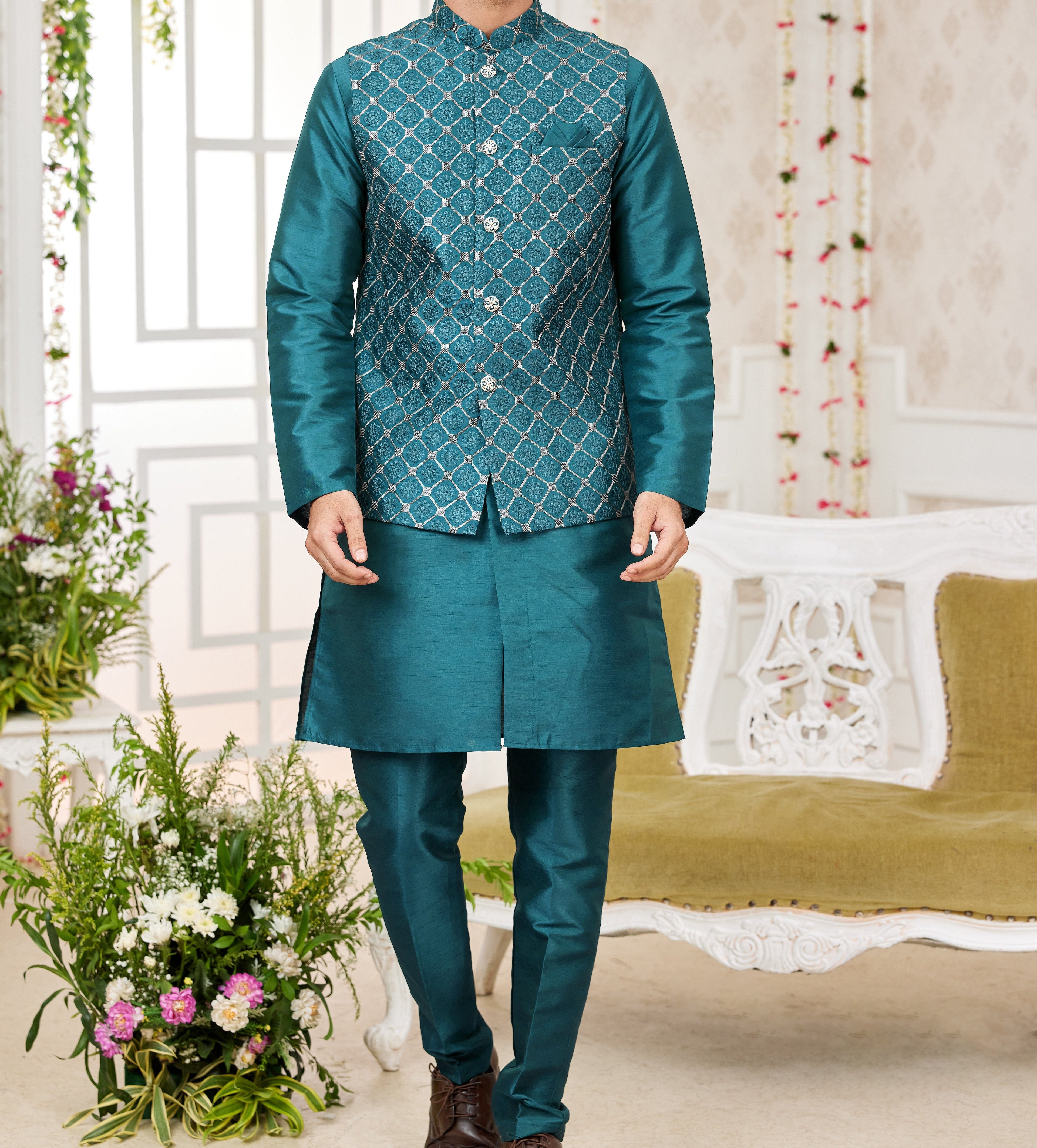 Teal Kurta & Vest Set - Made - on - order - Touch Of Elegance