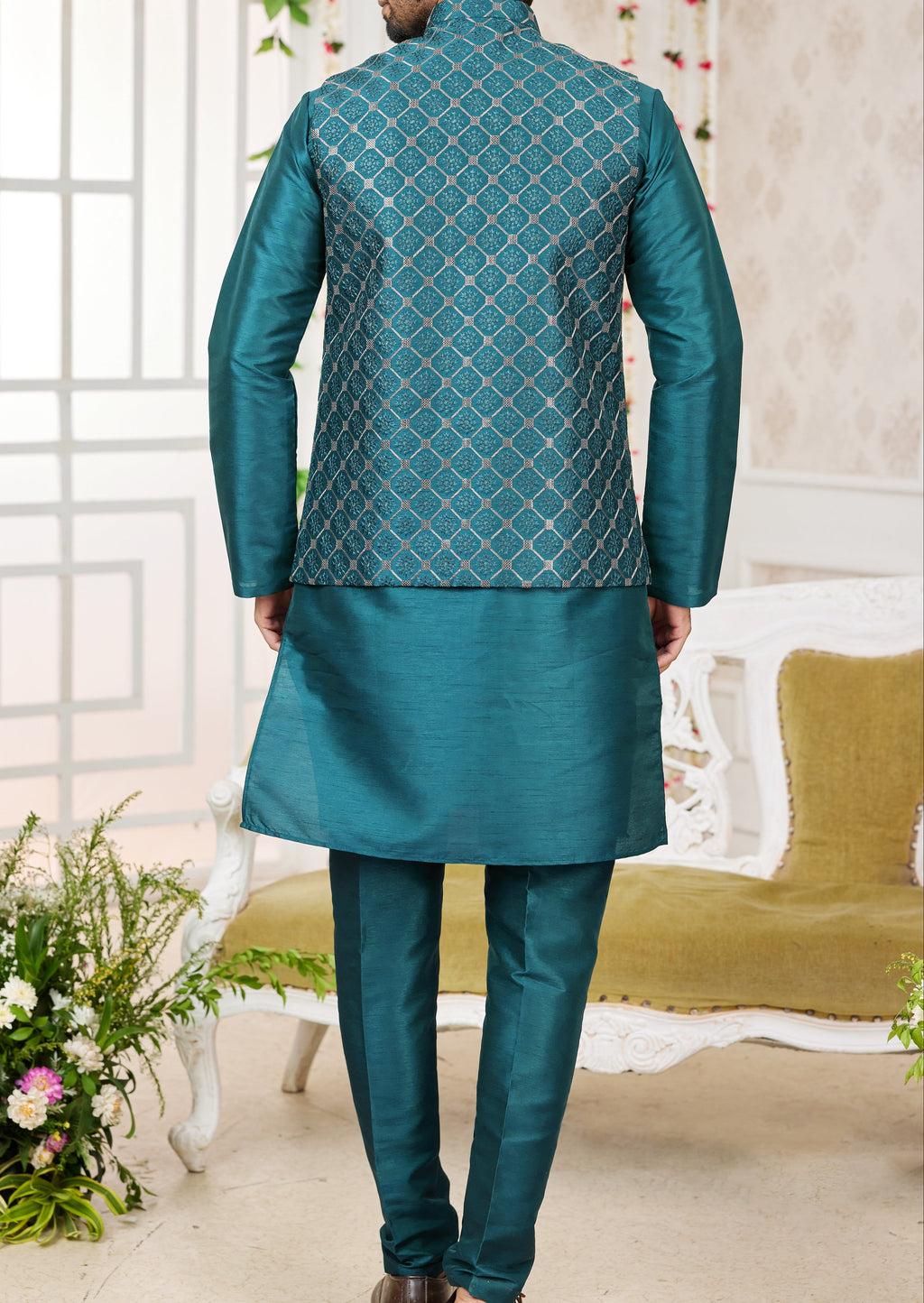 Teal Kurta & Vest Set - Made - on - order - Touch Of Elegance