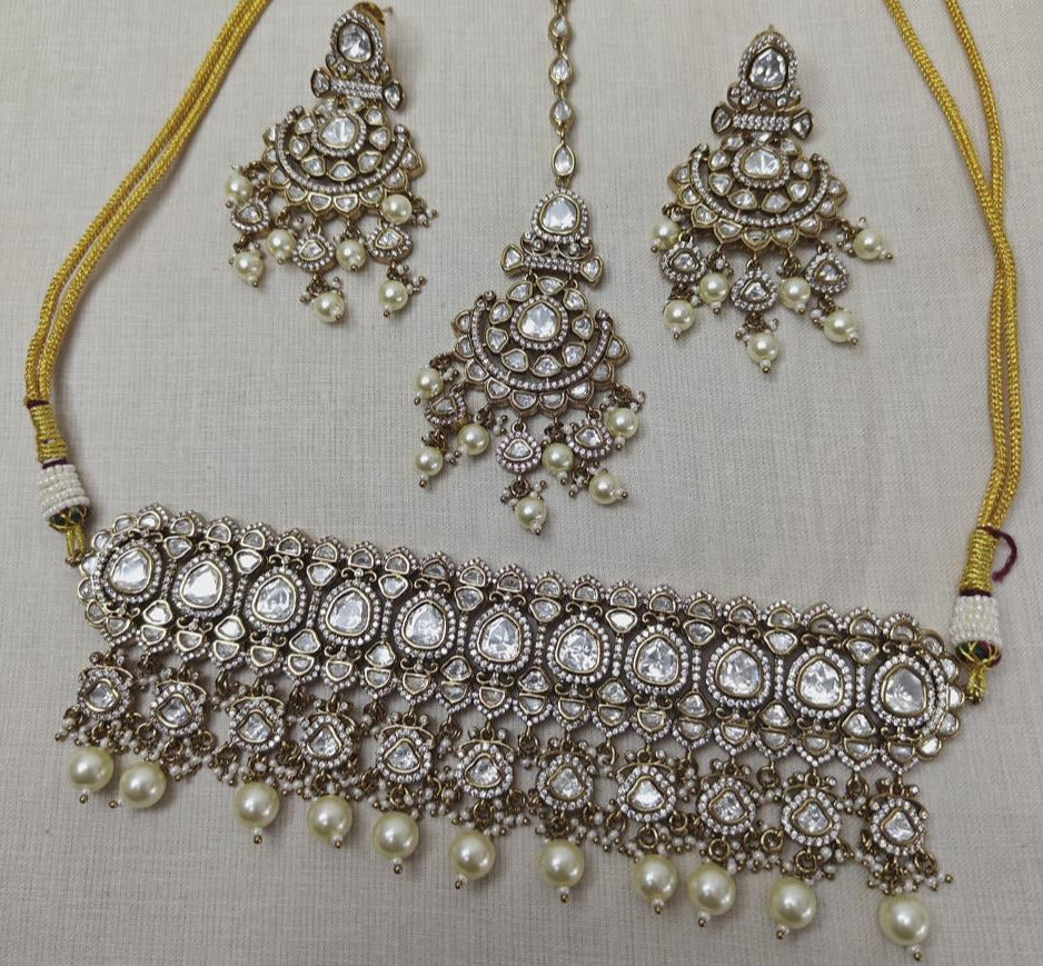 Off White Pearl Uncut Polki Set (Mehendi Tone) | Made-to-Order